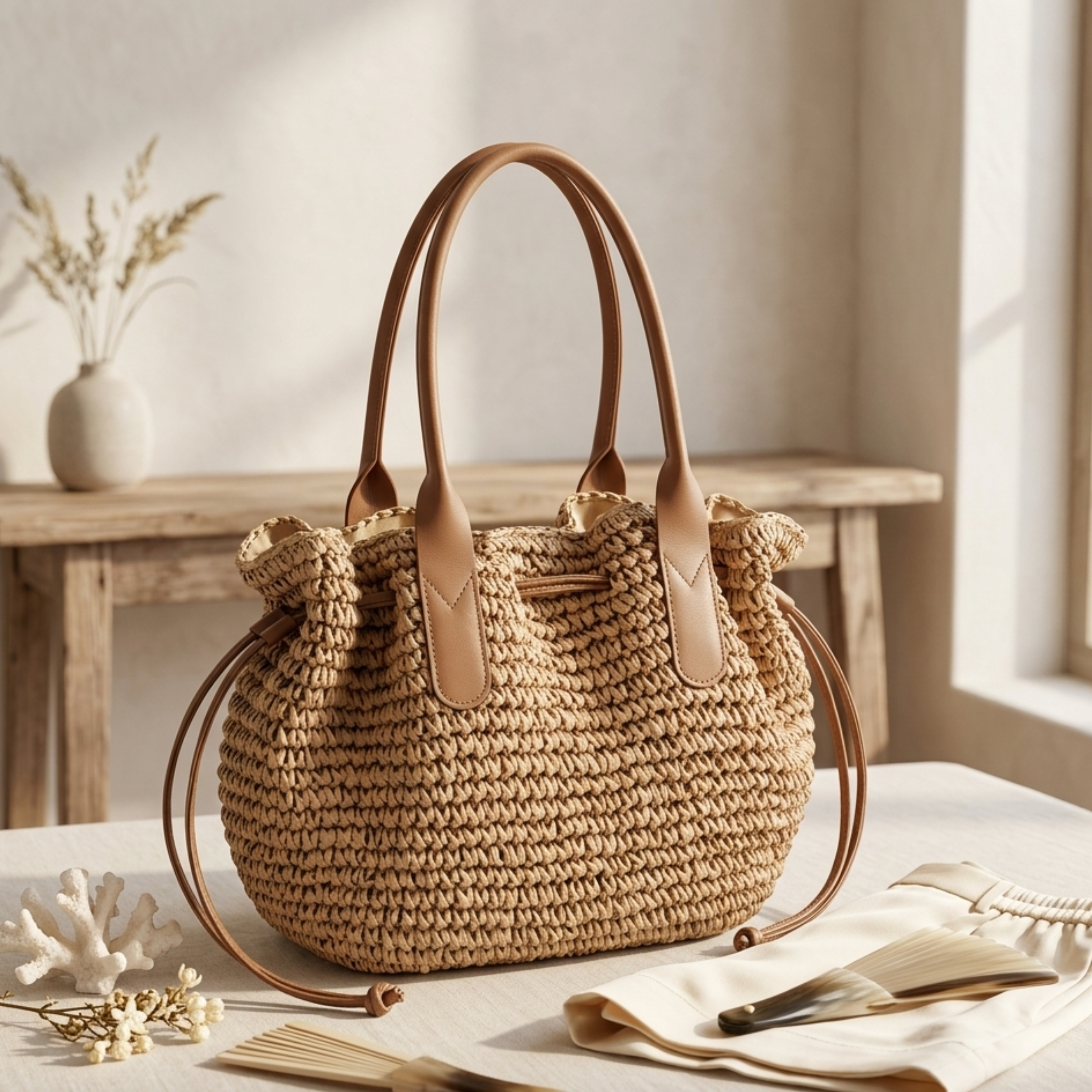 Premium Handwoven Straw Tote with Drawstring Shoulder Bag - Sustainable Bag