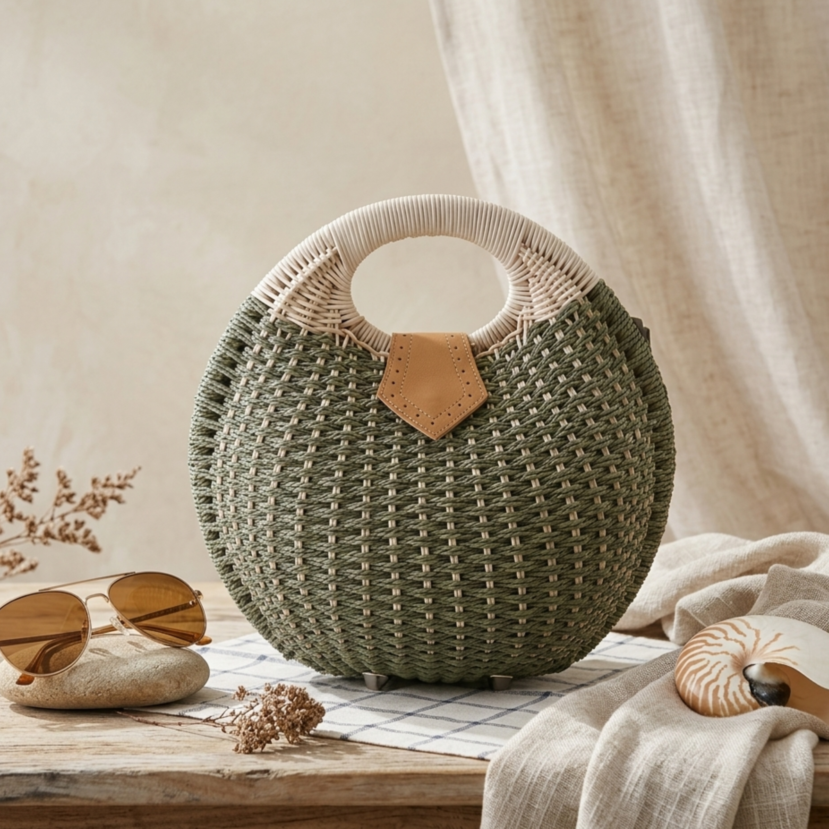 Handwoven Rattan Shell Round Handbag - Sustainable Bag