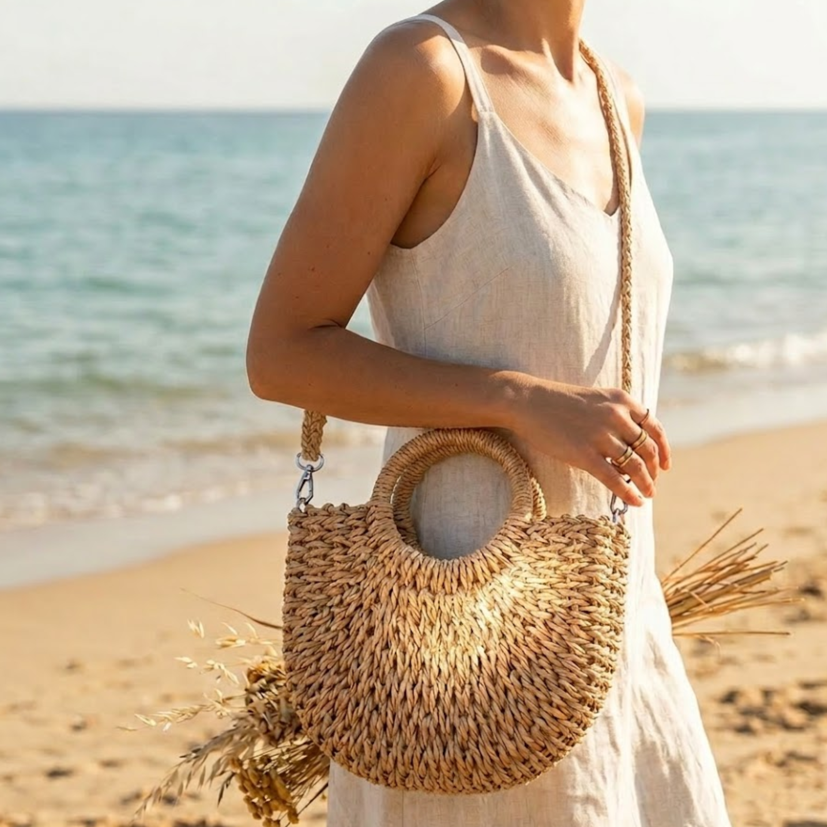 Moon-Shaped Handmade Straw Beach Tote – Sustainable Bag