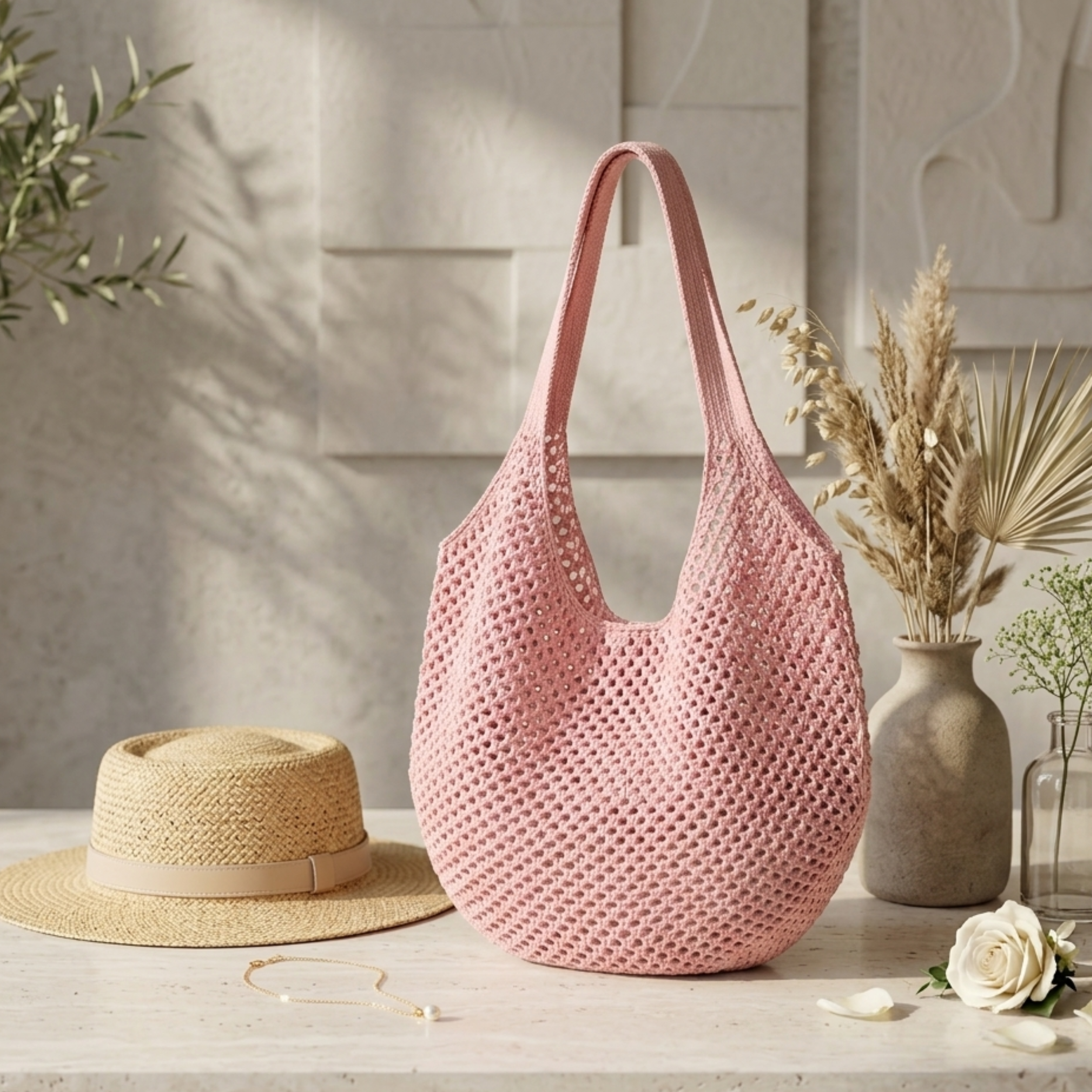 Bare Bloom Hollow-Out Knitted Tote Bag – Sustainable Bag