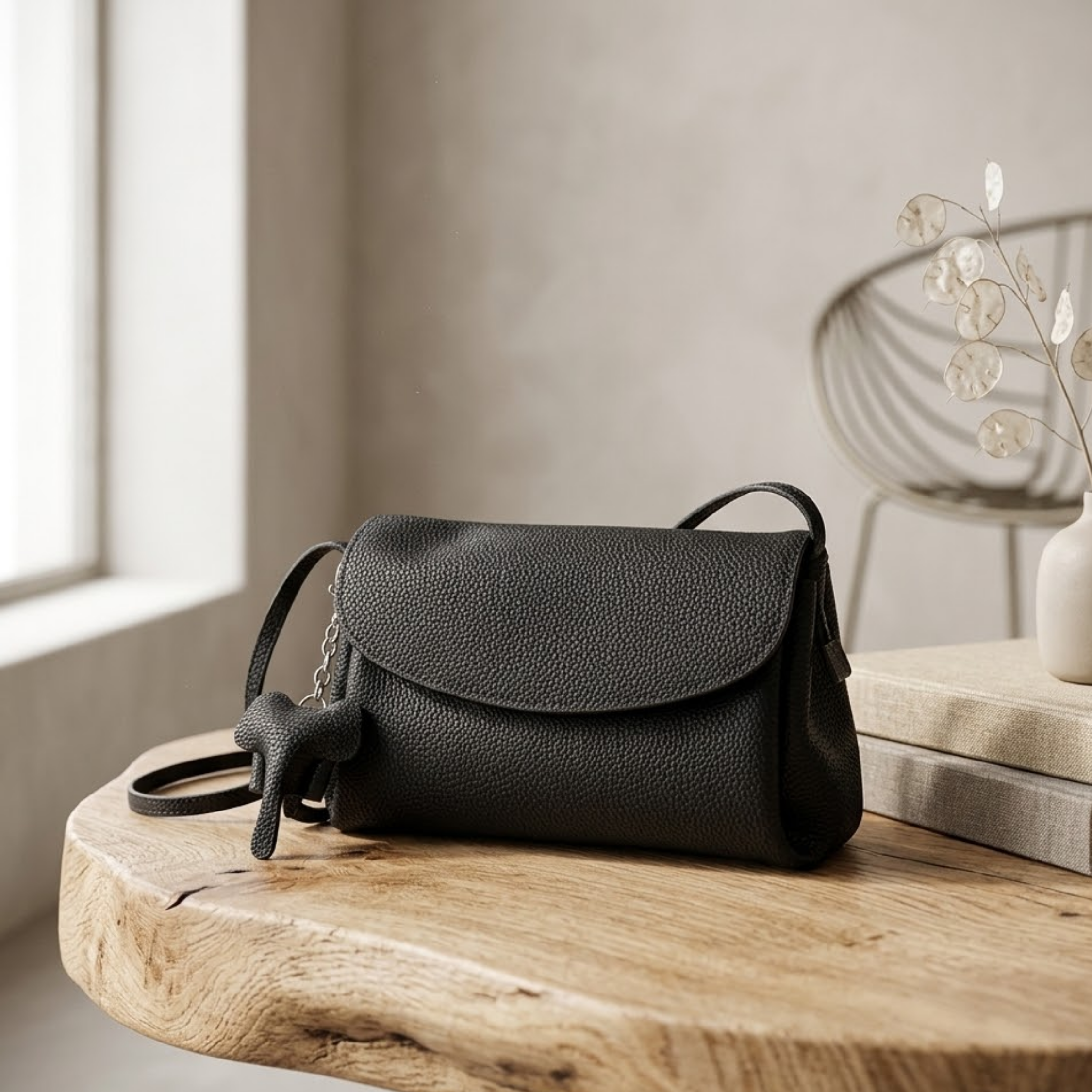 Vaelisse Genuine Leather Crossbody Bag with Mini Elephant Pendant