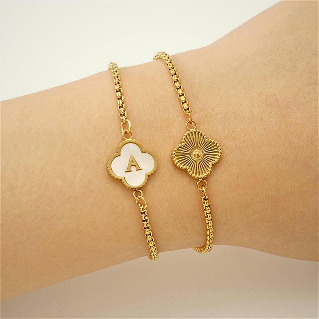 Personalized Clover Initial Bracelet with Adjustable Chain