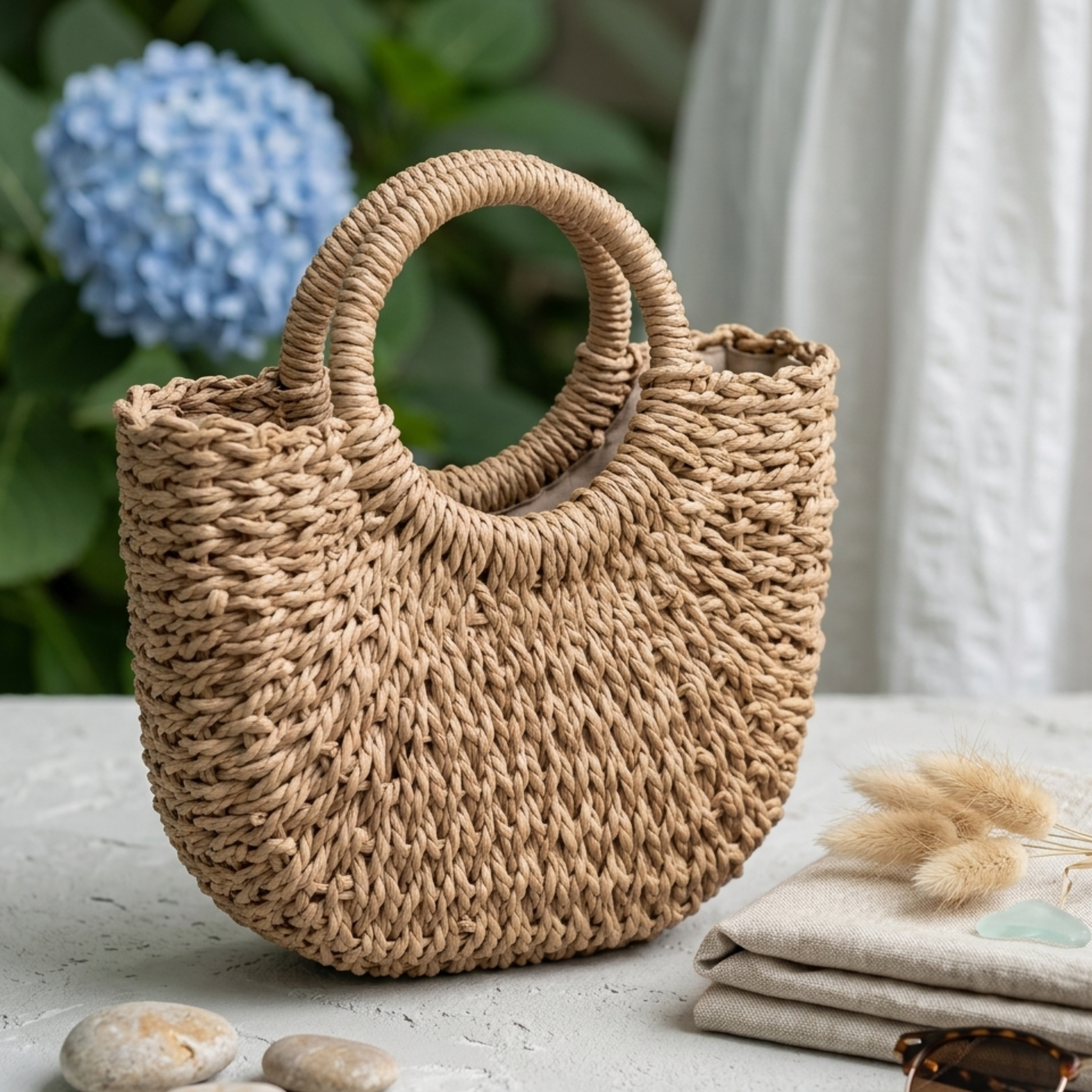Handcrafted Boho Half-Circle Wicker Tote Handbag - Sustainable Bag