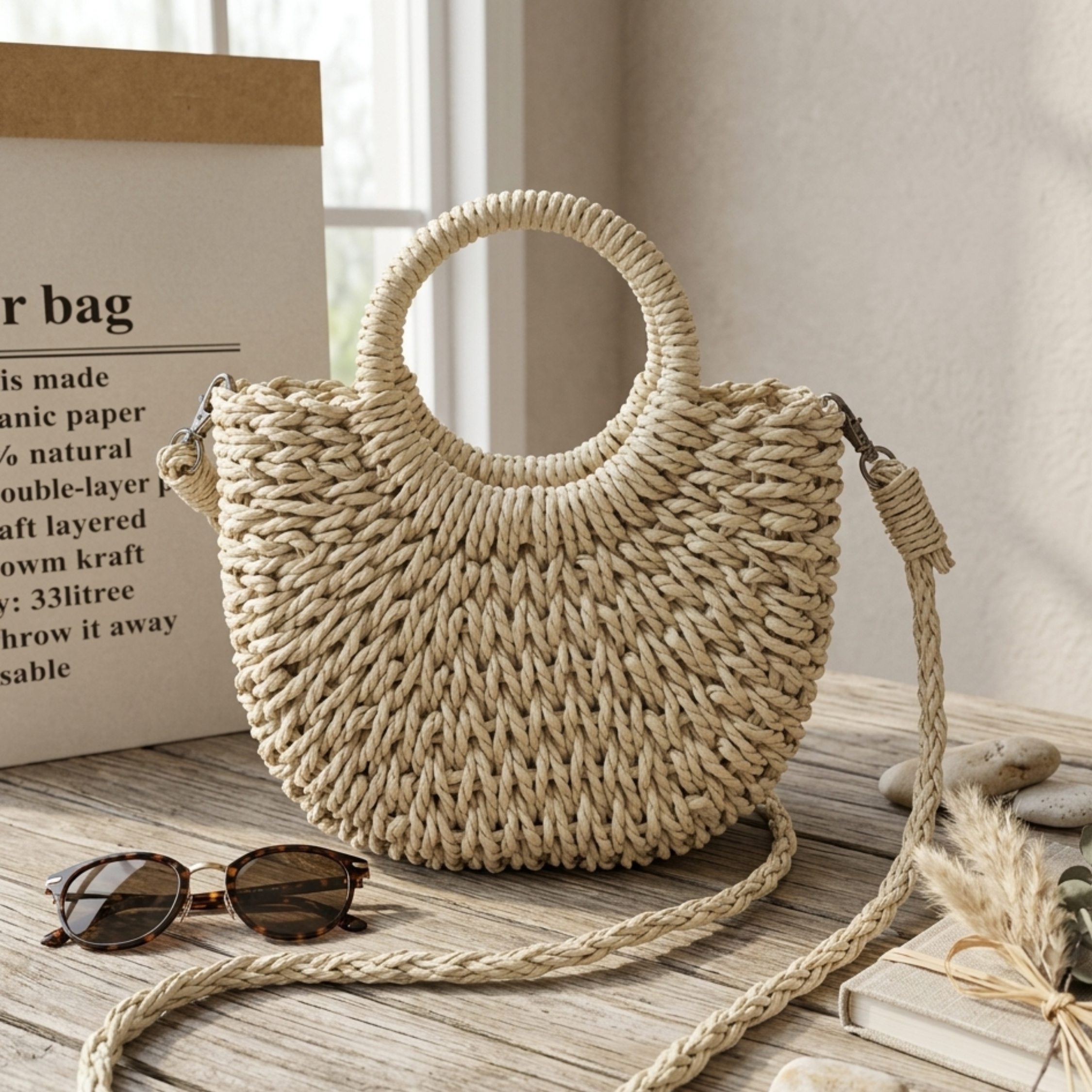 Handcrafted Boho Half-Circle Wicker Tote Handbag - Sustainable Bag