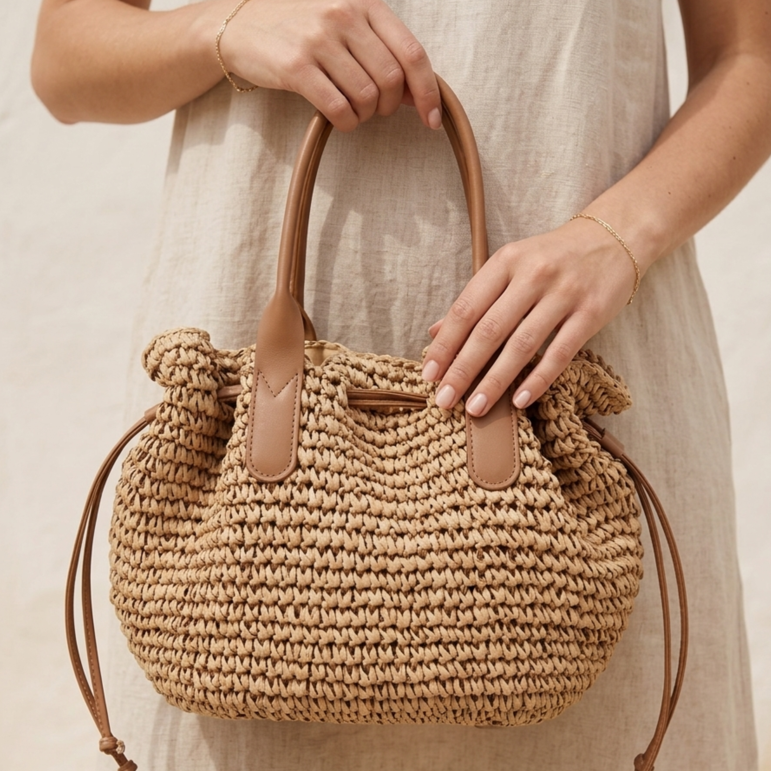 Premium Handwoven Straw Tote with Drawstring Shoulder Bag - Sustainable Bag