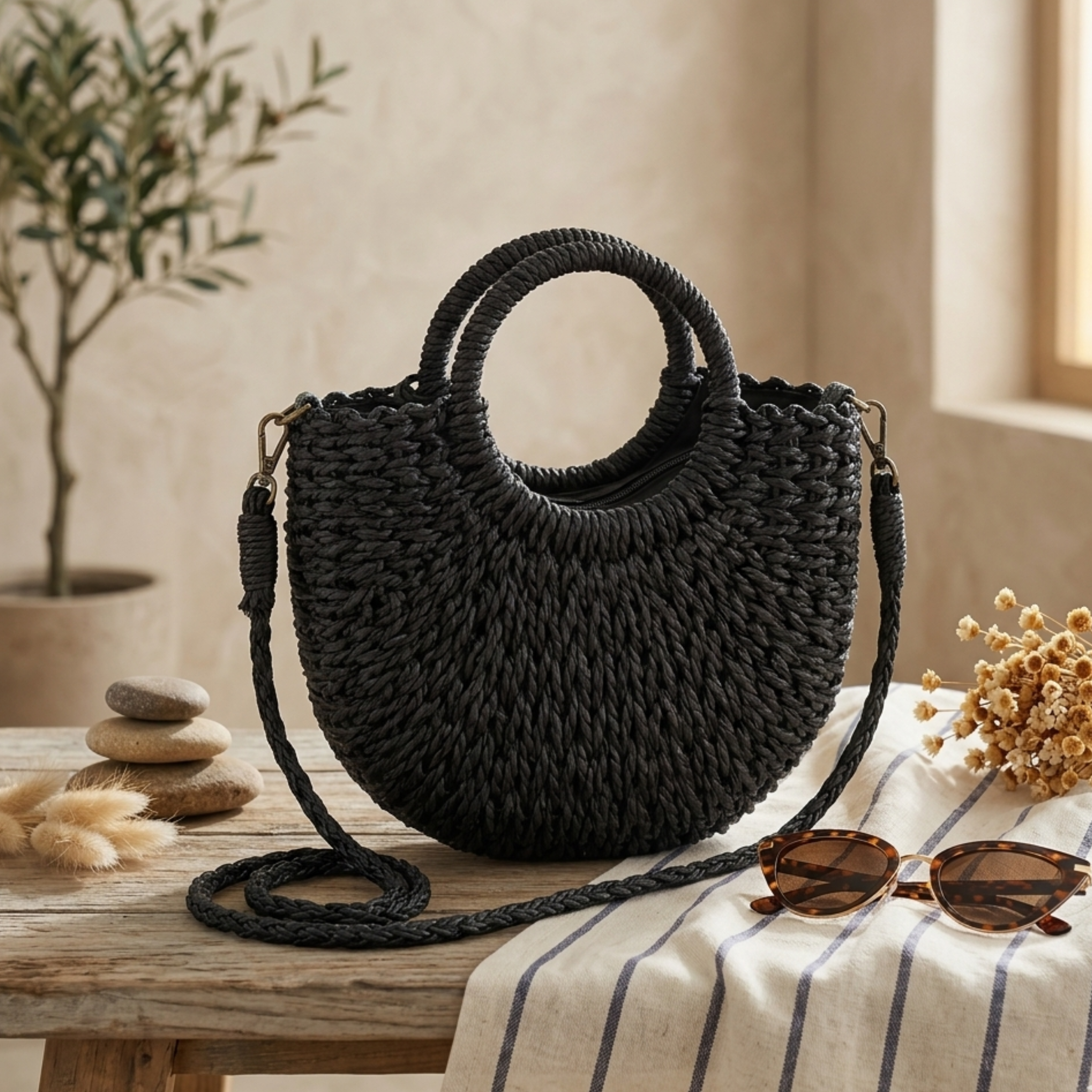 Handcrafted Half-Round Rattan Woven Crossbody Handbag - Sustainable Bag
