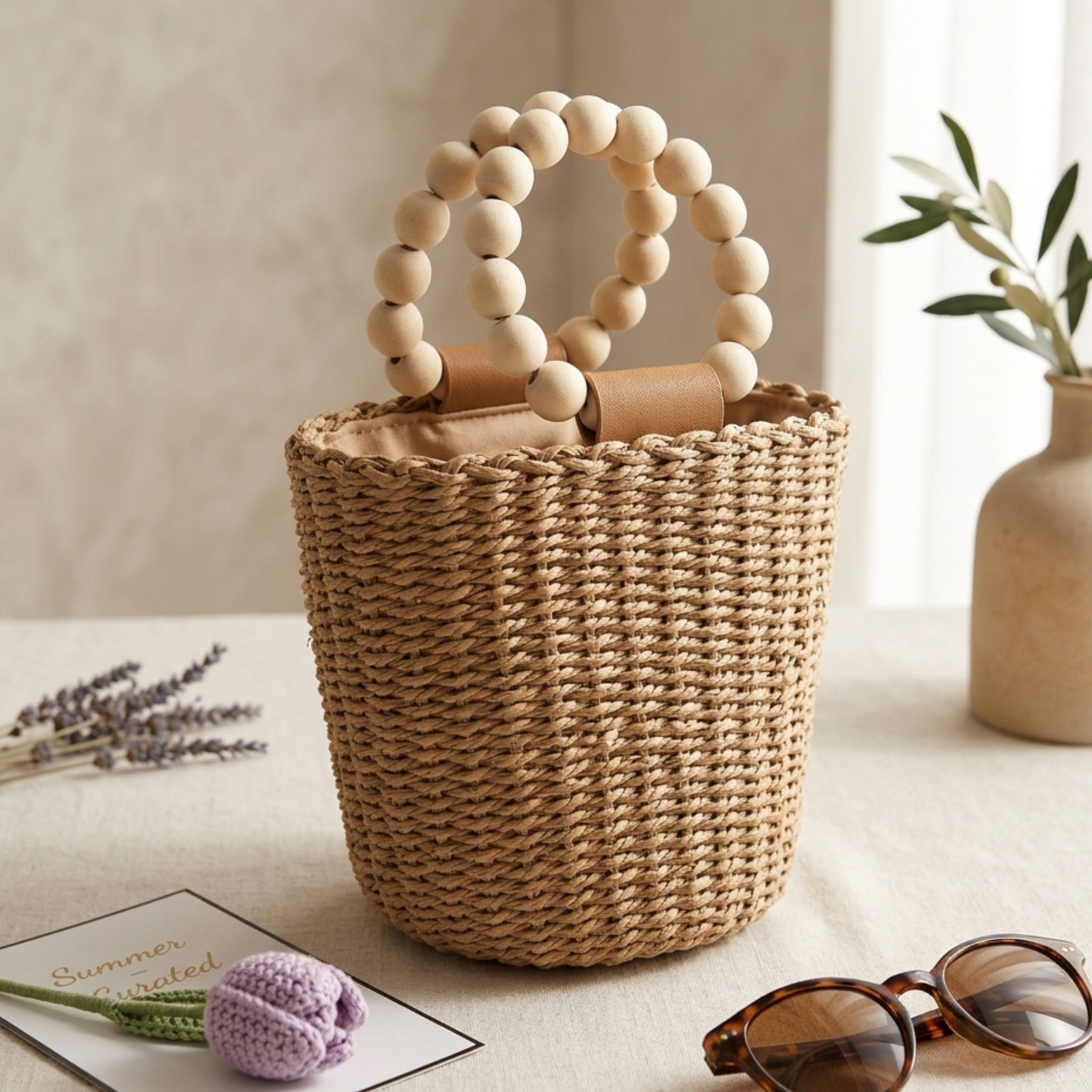 Handcrafted Bali-Inspired Wooden Beaded Paper Tote Bag – Sustainable Bag