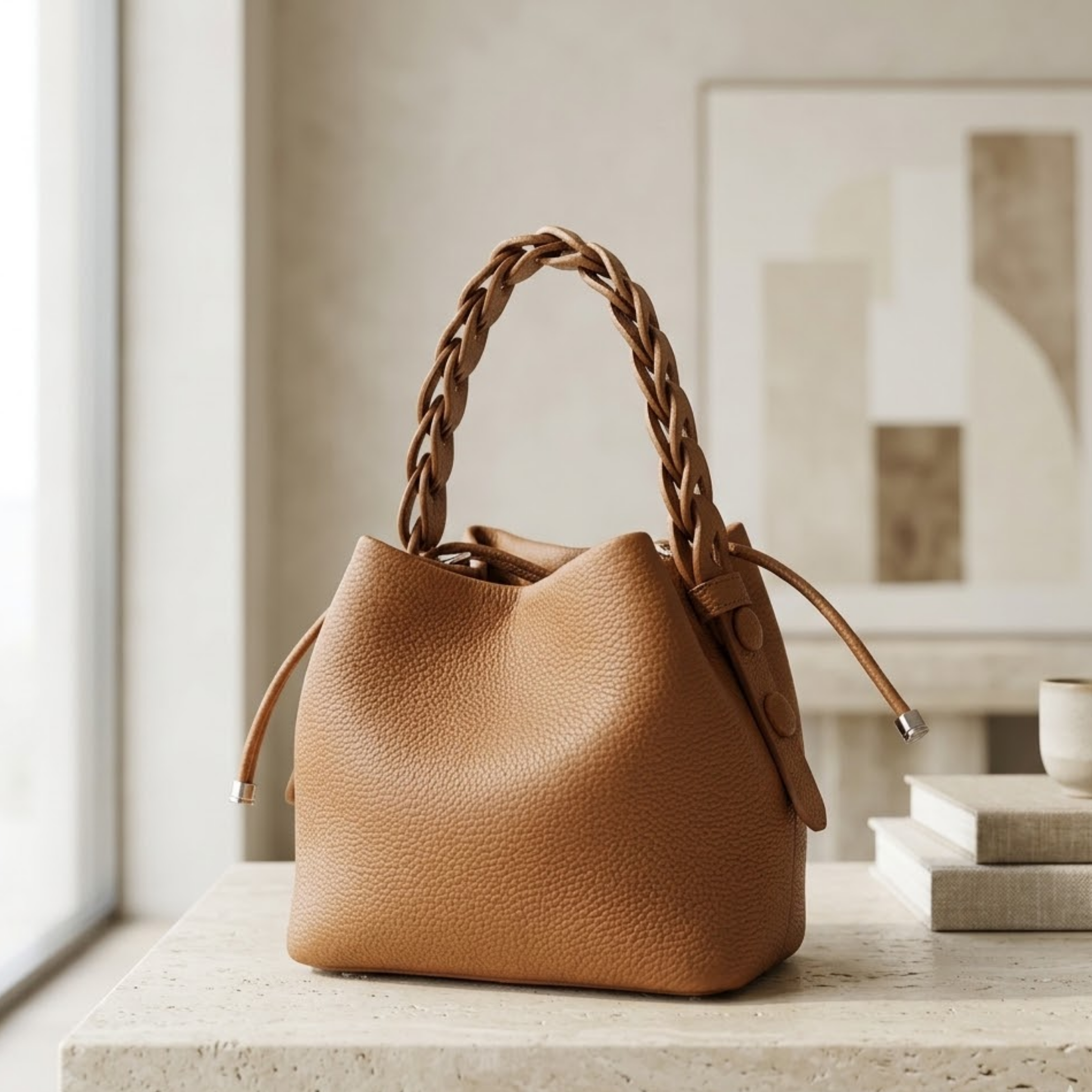 Olythéa Genuine Top-Grain Leather Bucket Bag
