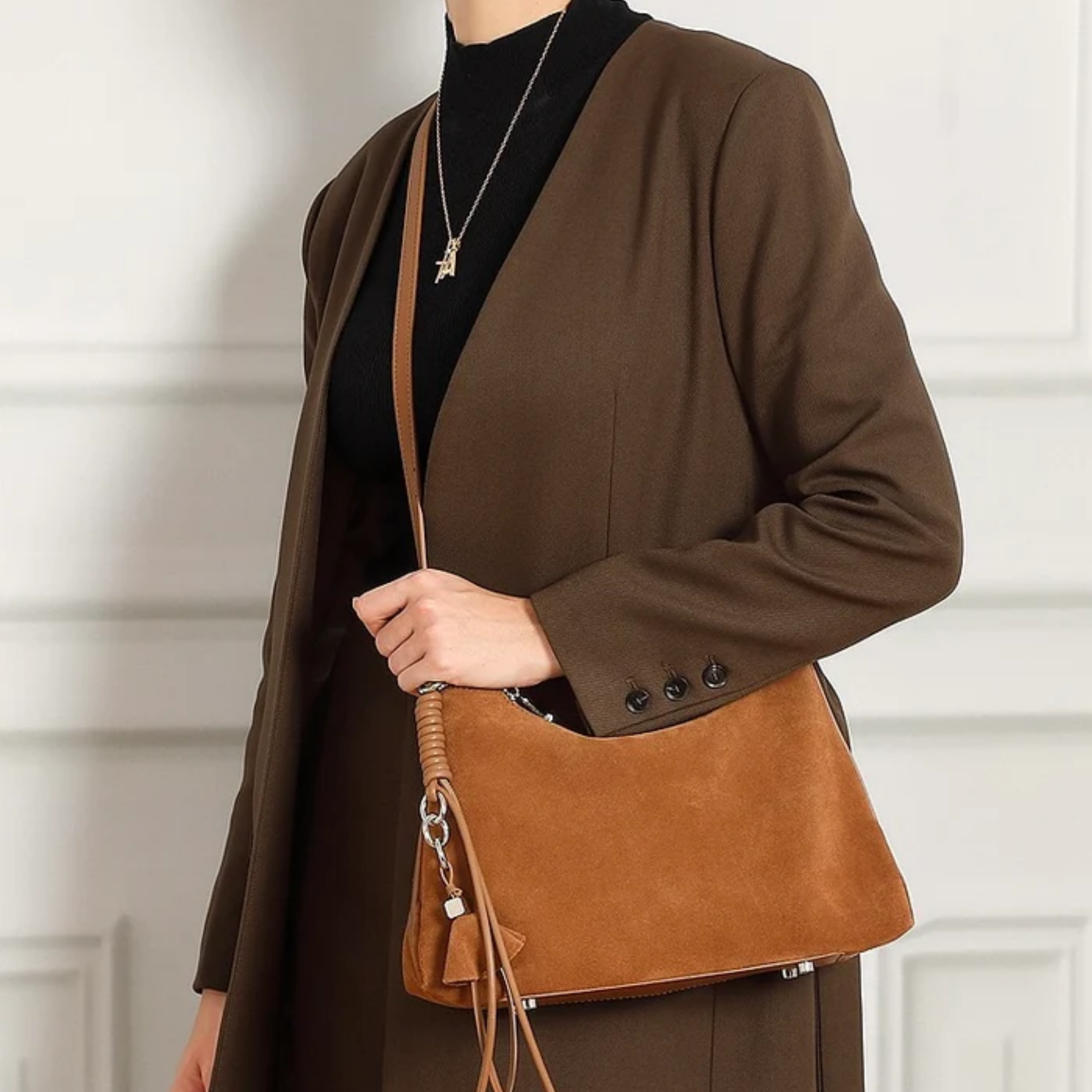 Luxéa Genuine Leather Hobo Bag with Braided Detail & Tassel Accent