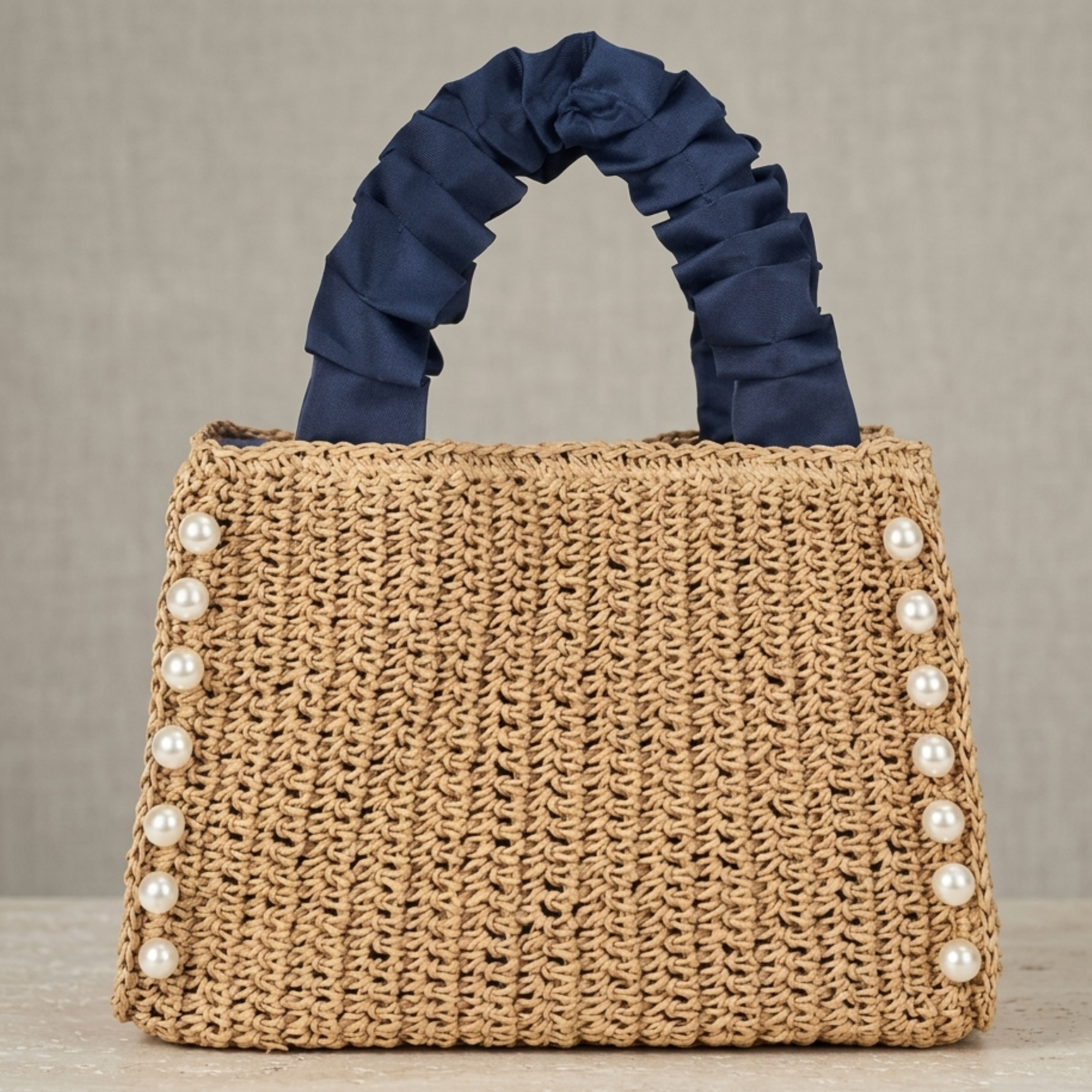 Bohemian Pearl-Embellished Ruched Handle Woven Handbag - Sustainable Bag