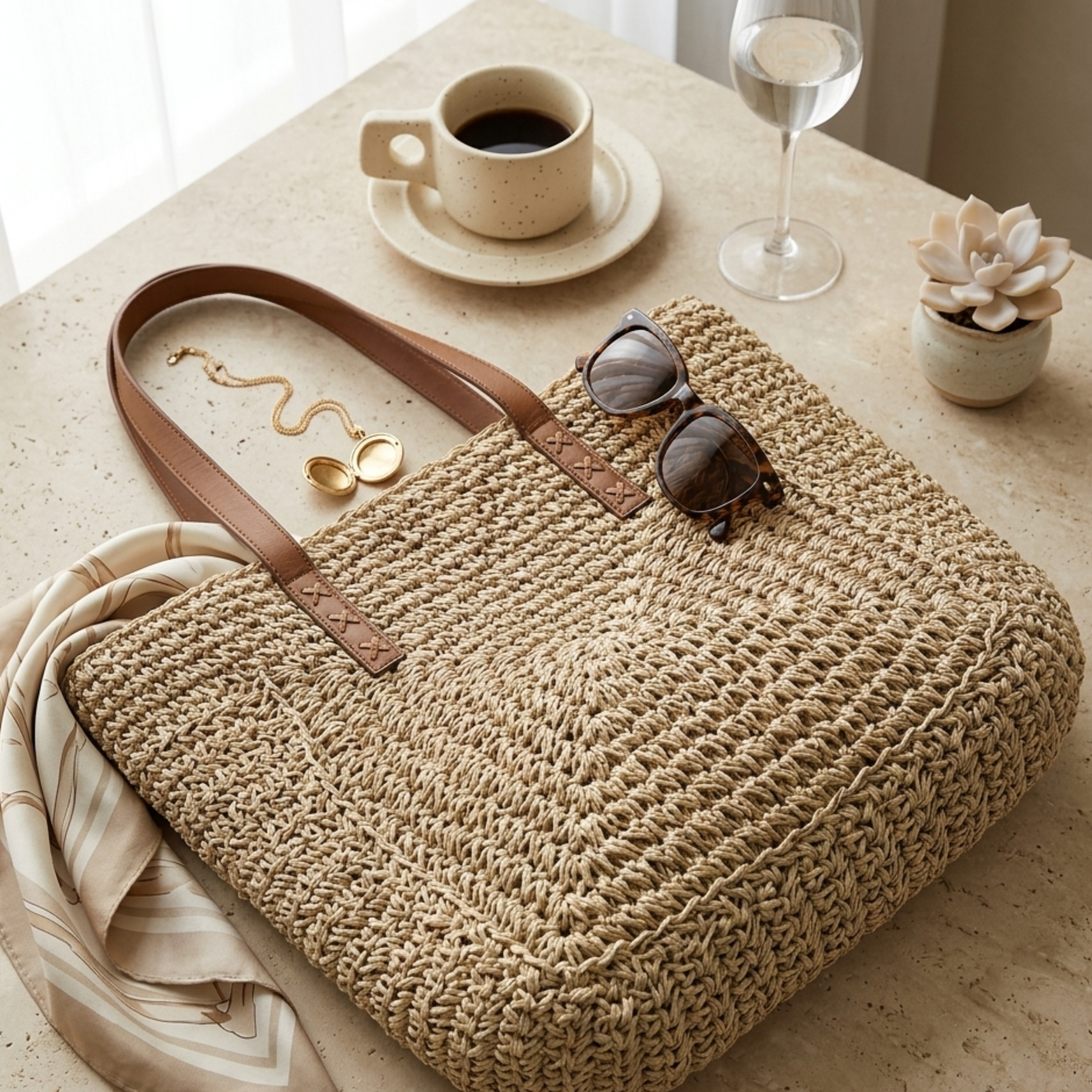 Summer Chic Handwoven Raffia Coastal Beach Tote Shoulder Bag – Sustainable Bag