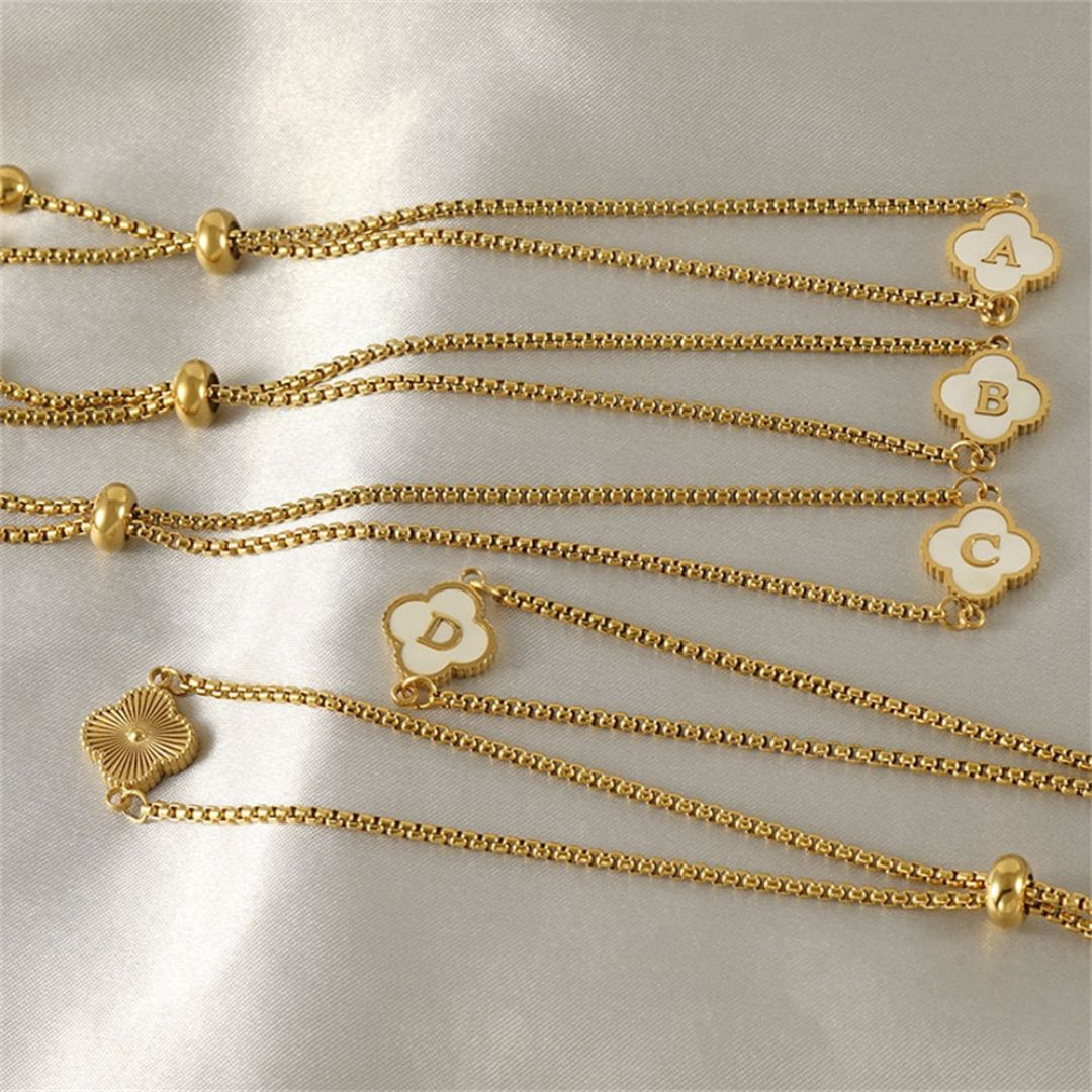Personalized Clover Initial Bracelet with Adjustable Chain