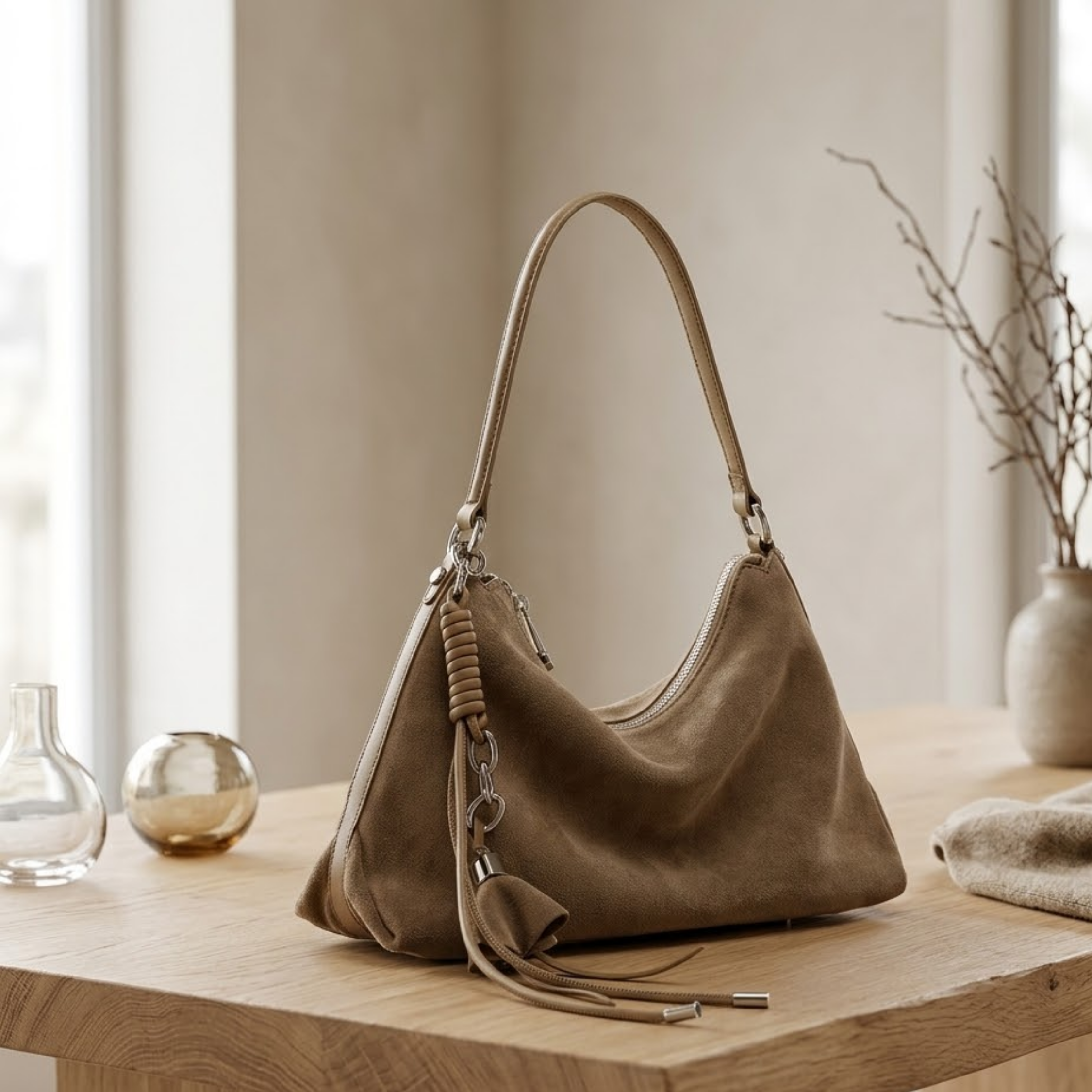 Luxéa Genuine Leather Hobo Bag with Braided Detail & Tassel Accent