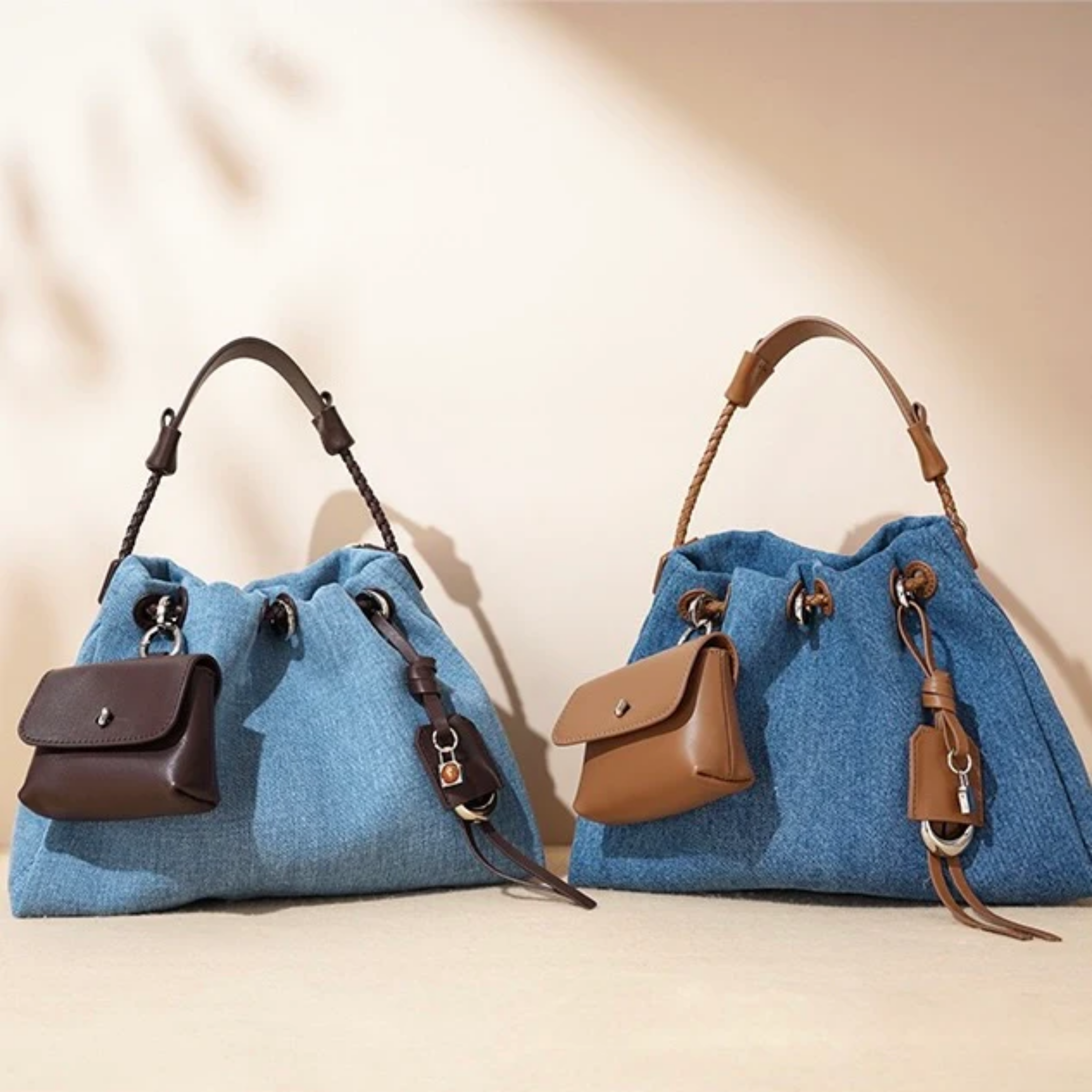 Noirelle Genuine Leather Denim Patchwork Hobo Bag