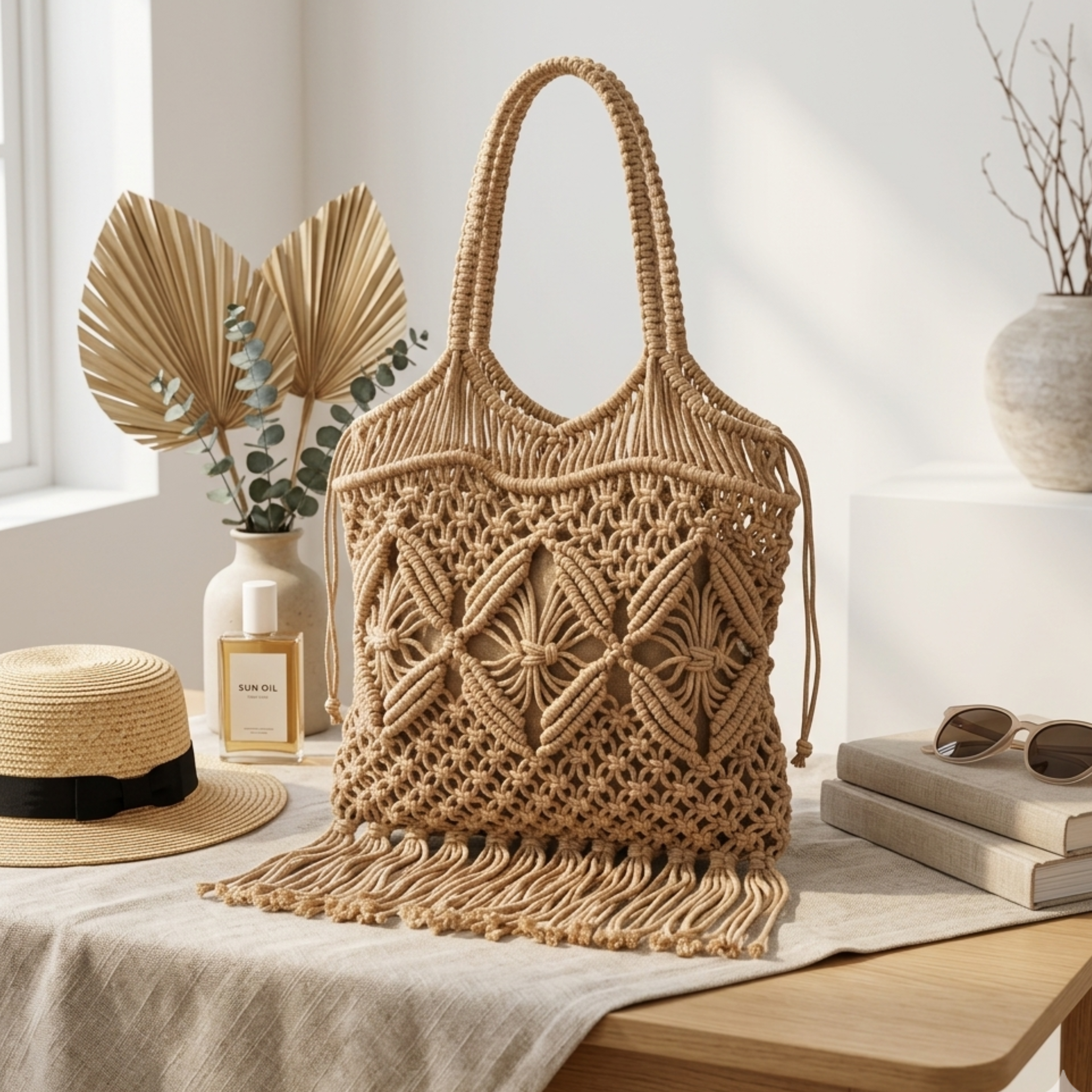 Ethnic Fringe Woven Crossbody Bag with Hollow Design – Sustainable Bag