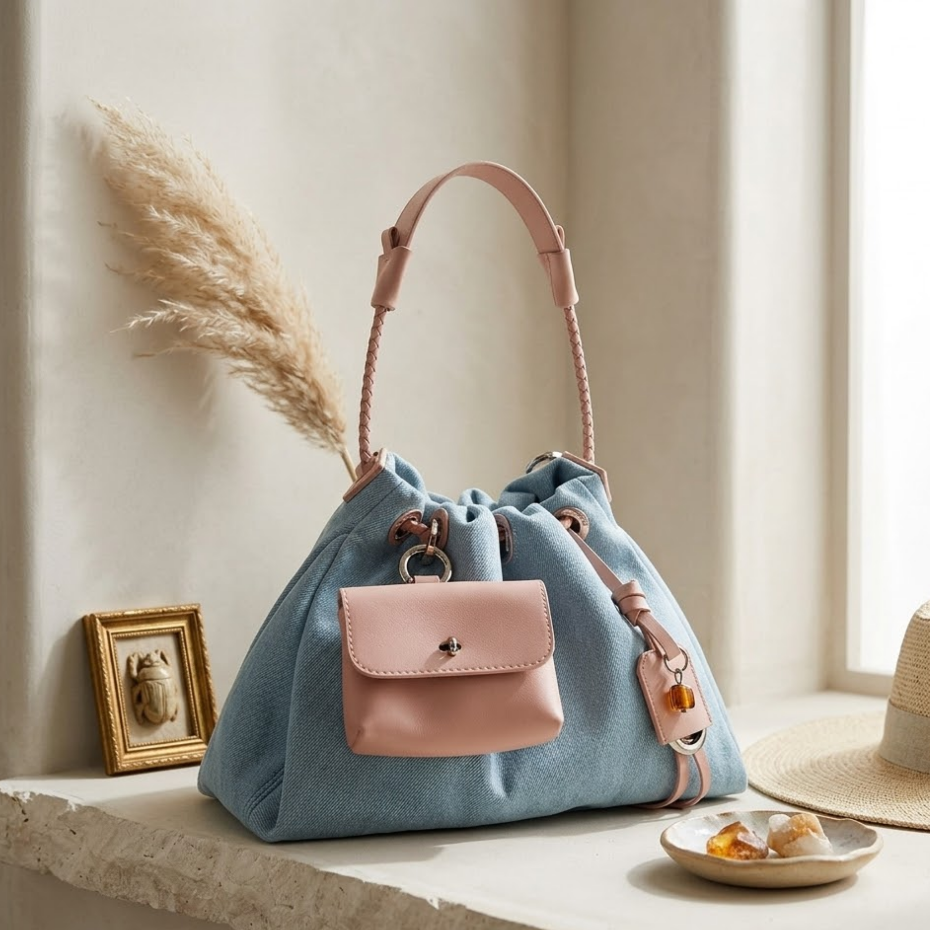 Noirelle Genuine Leather Denim Patchwork Hobo Bag