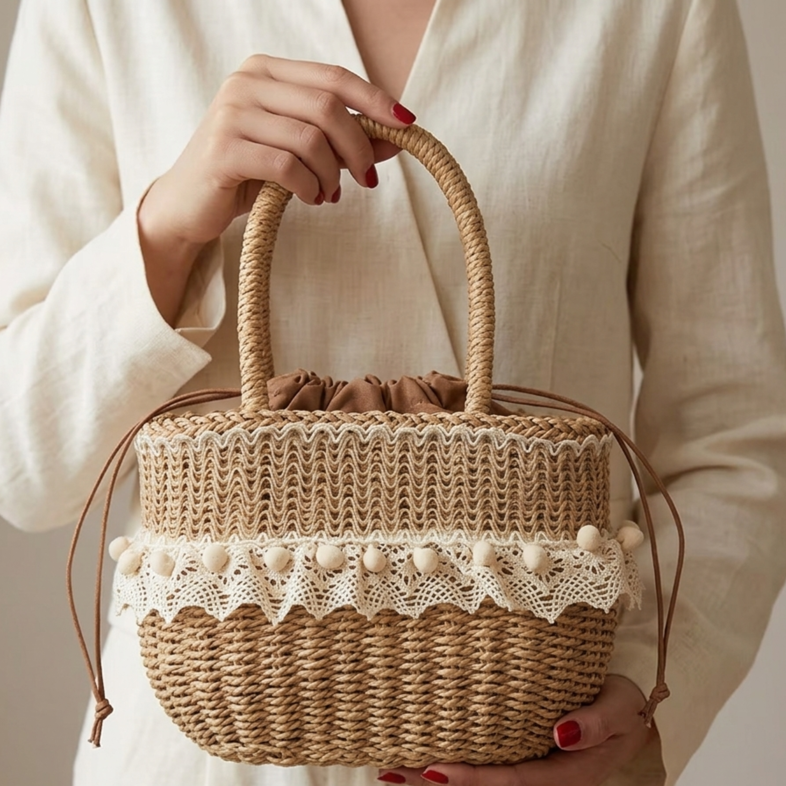 Handcrafted Straw Woven Purse with Lace Detail Handbag – Sustainable Bag