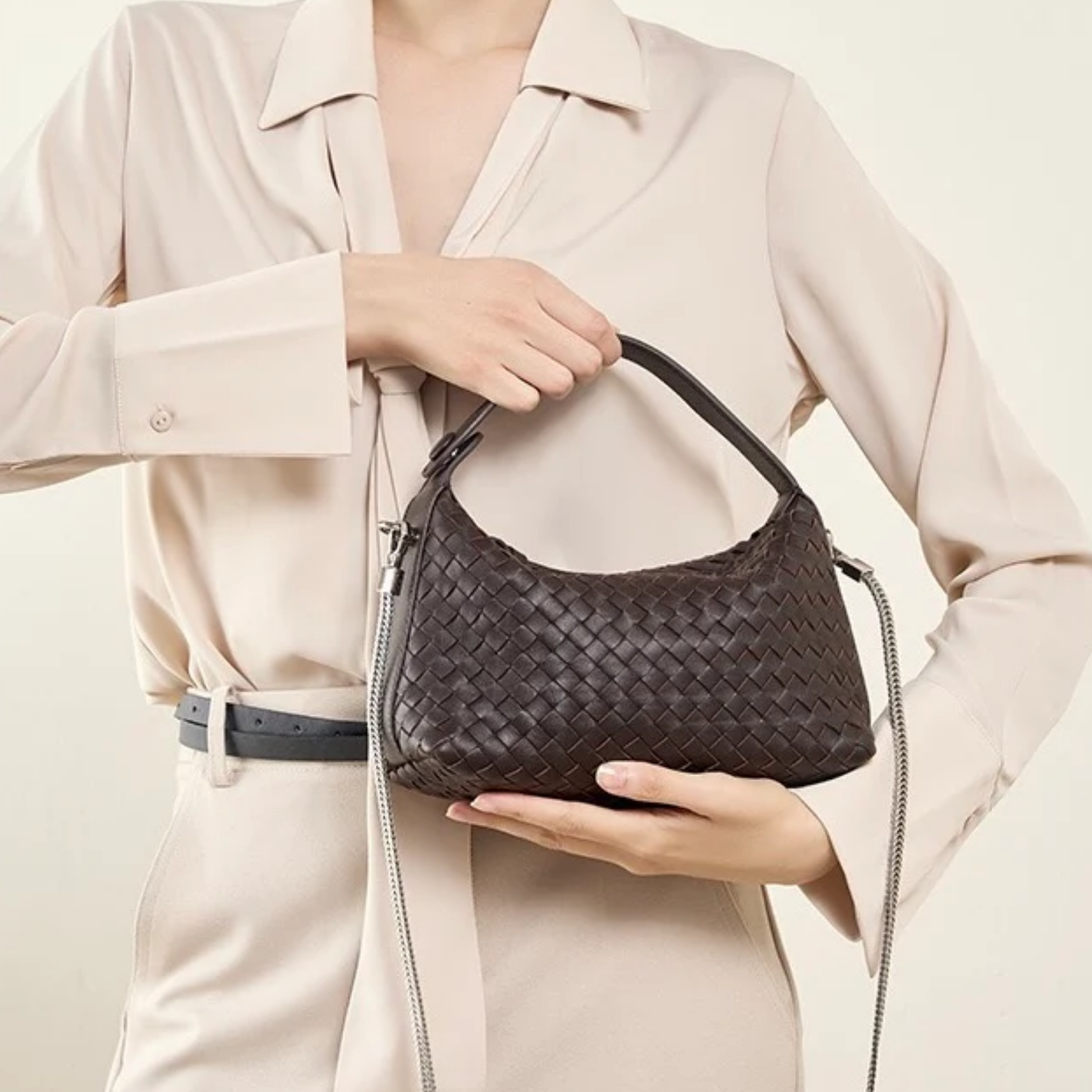 Elaréa Genuine Sheepskin Leather Woven Clutch Bag with Chain Strap