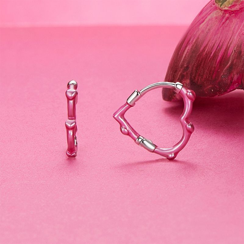 Radiant Pink Heart Bamboo Hoop Earrings