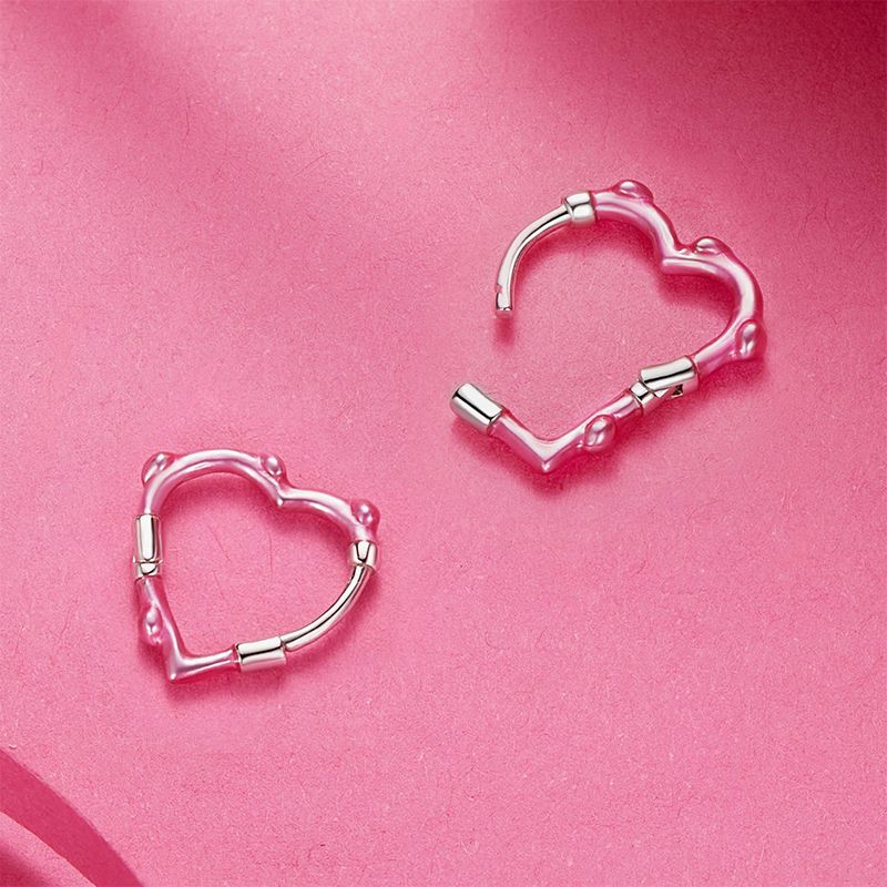 Radiant Pink Heart Bamboo Hoop Earrings