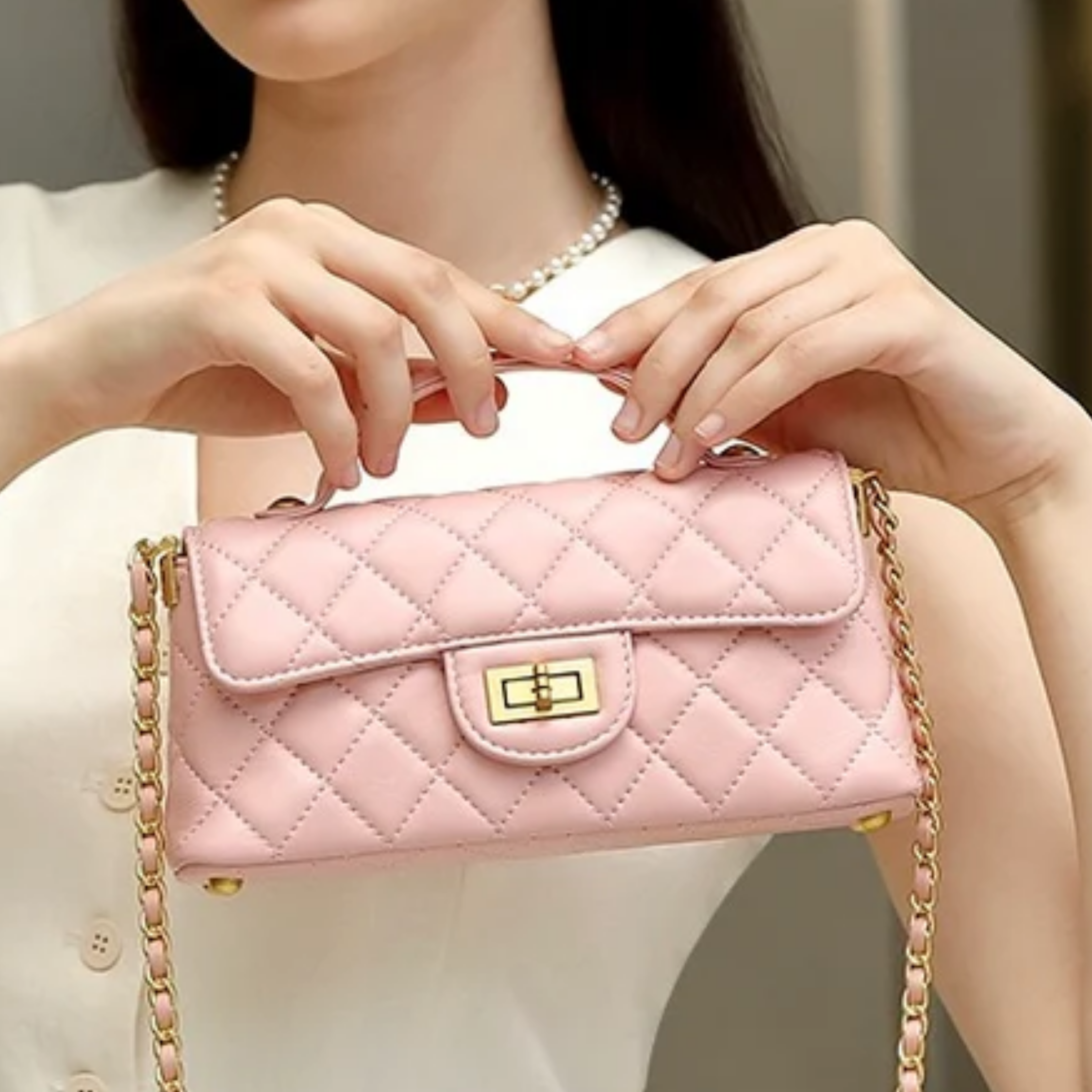 Olythéa Genuine Leather Quilted Chain Shoulder Crossbody Bag