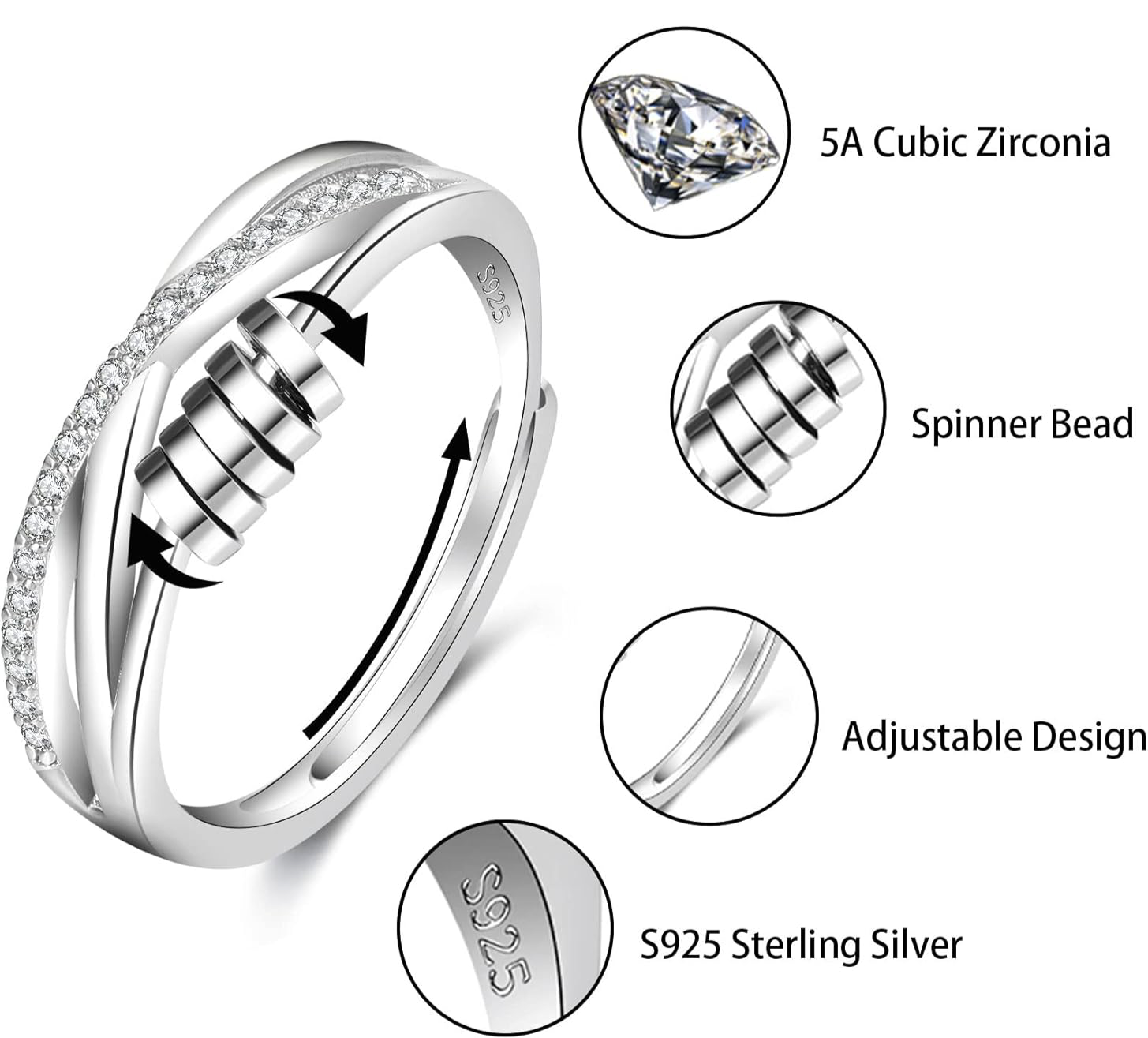 925 Sterling Silver Diamond Cut Fidget Ring / Anxiety Ring