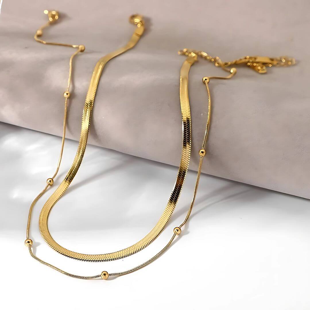 Elegant Snake & Beaded Layered Necklace Set – 14K Gold Plated Jewelry for Women