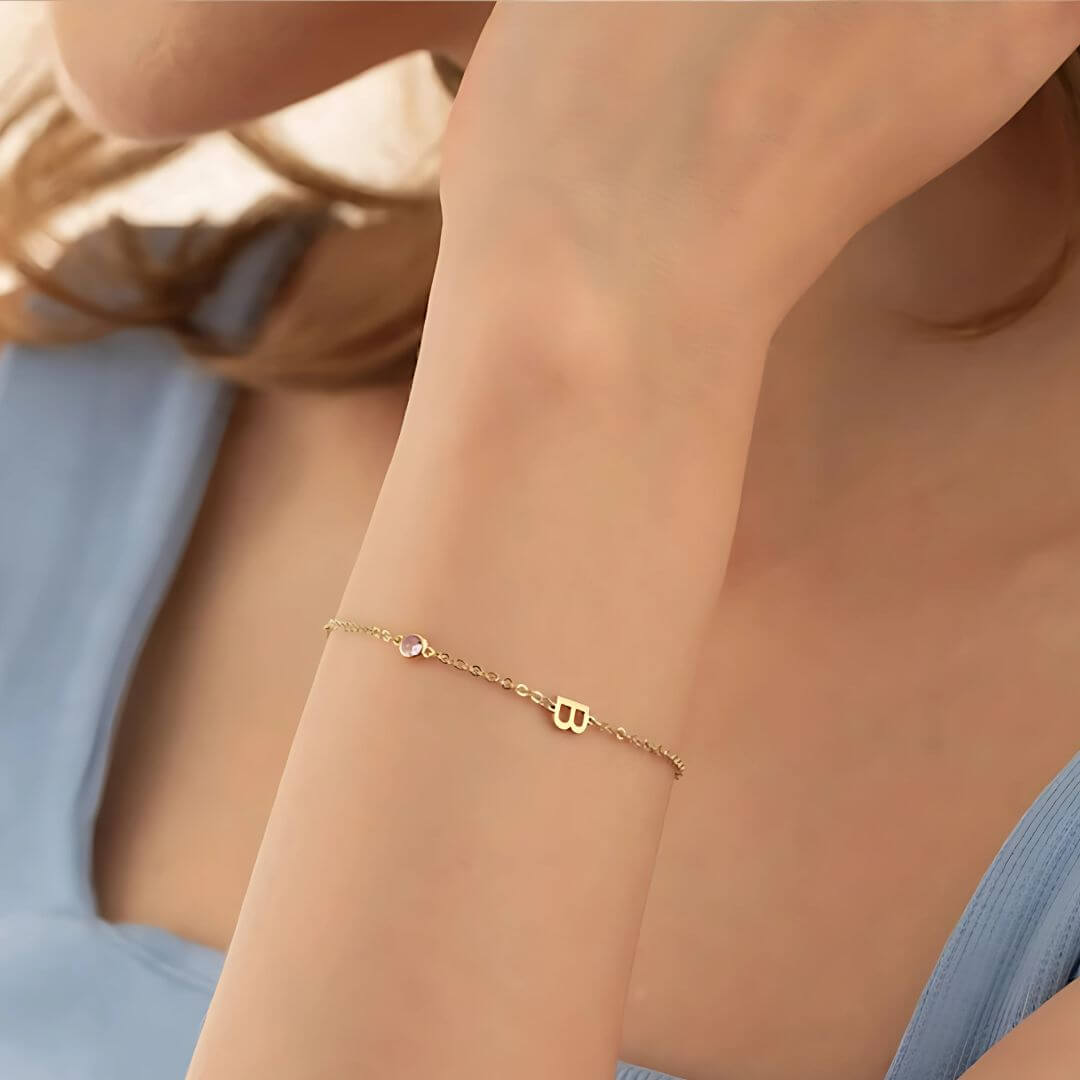 Personalised Birthstone Initial Gold and Silver Plated Bracelet – Elegant Custom Jewelry Gift
