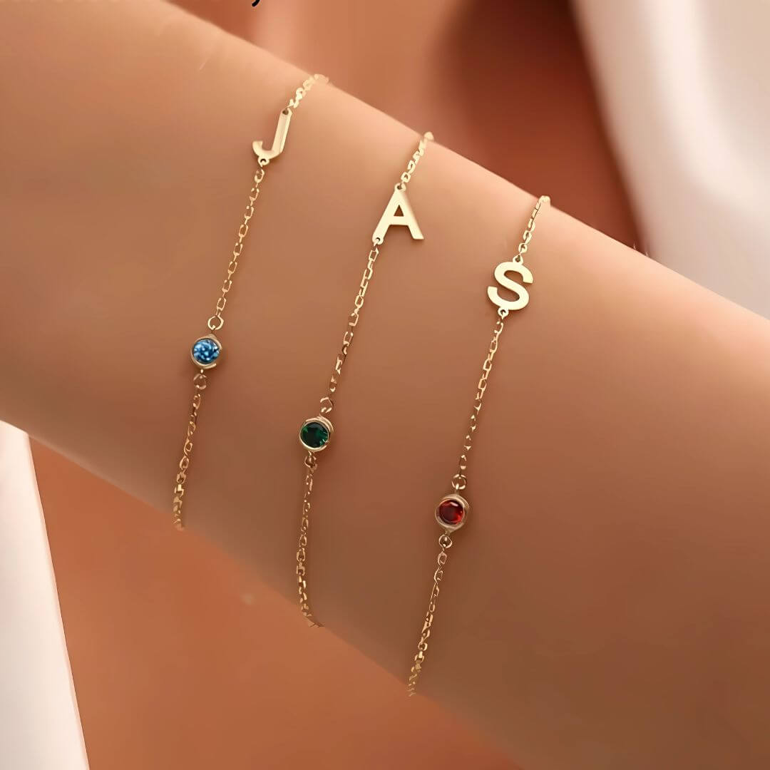 Personalised Birthstone Initial Gold and Silver Plated Bracelet – Elegant Custom Jewelry Gift