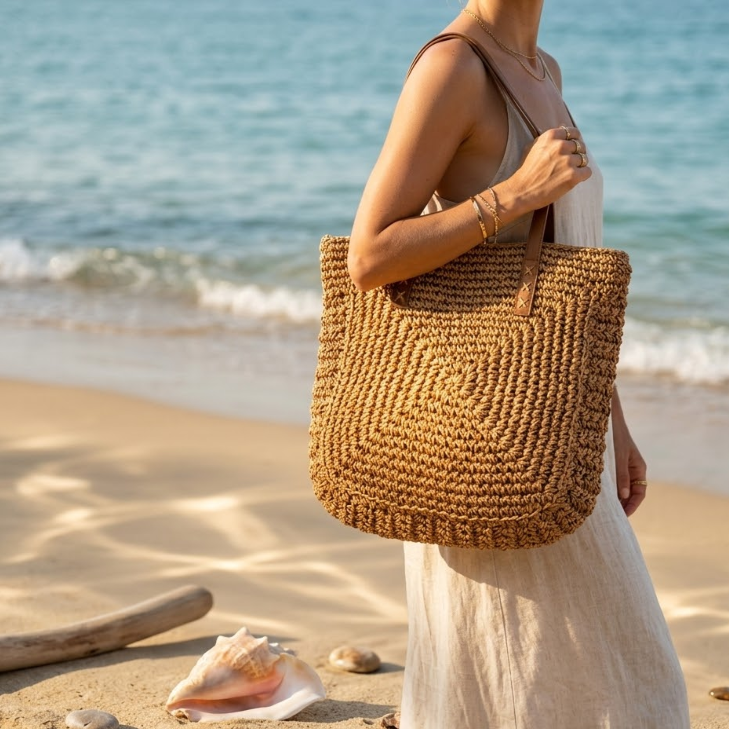 Summer Chic Handwoven Raffia Coastal Beach Tote Shoulder Bag – Sustainable Bag