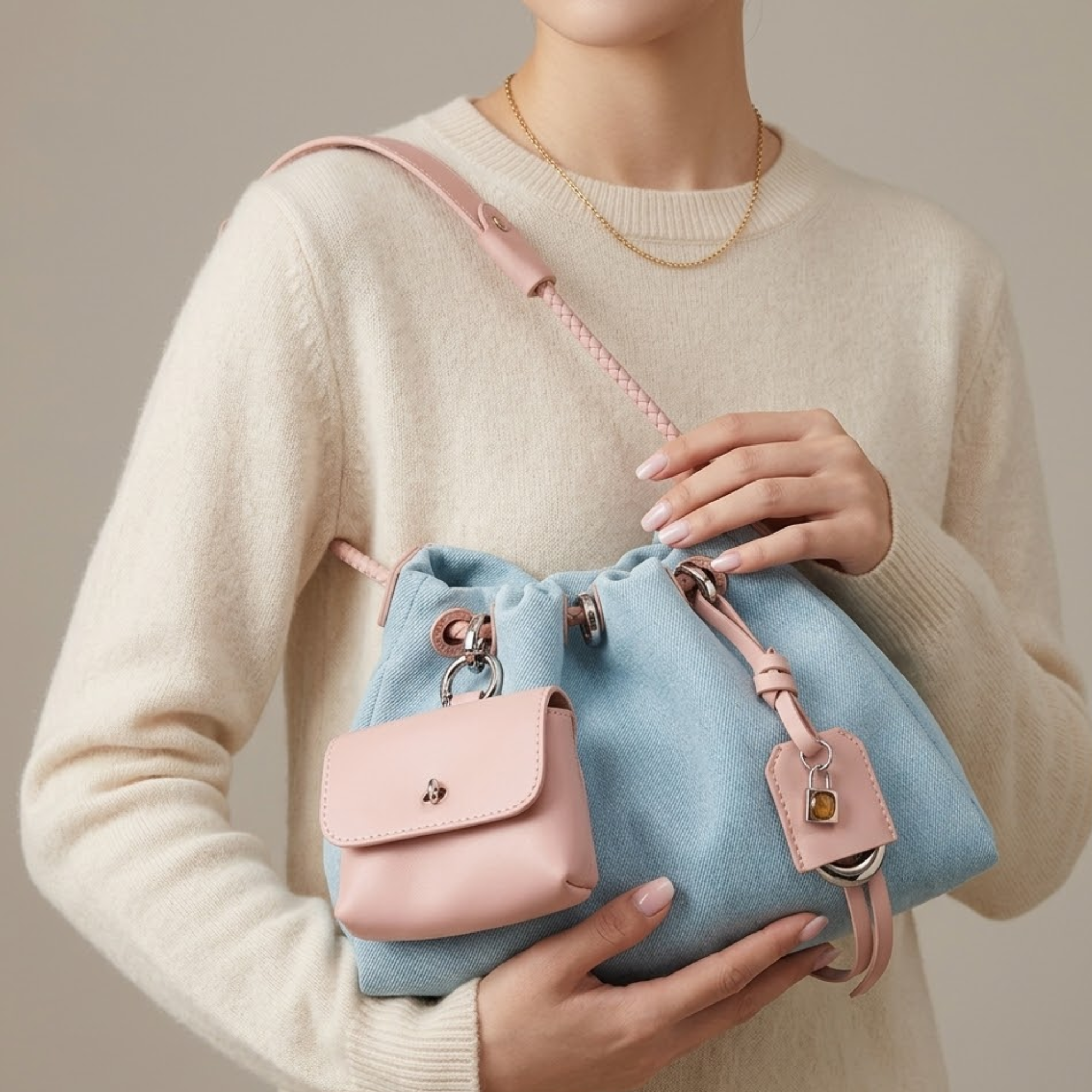 Noirelle Genuine Leather Denim Patchwork Hobo Bag