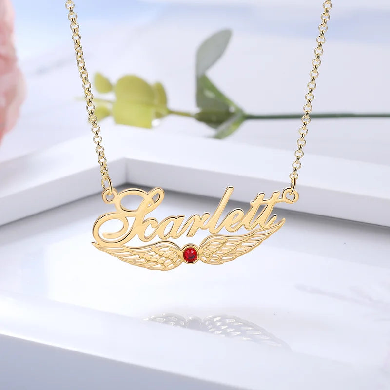 Angel Wings Custom Name Necklace with Birthstone