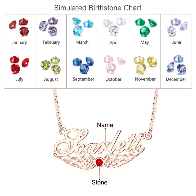 Angel Wings Custom Name Necklace with Birthstone