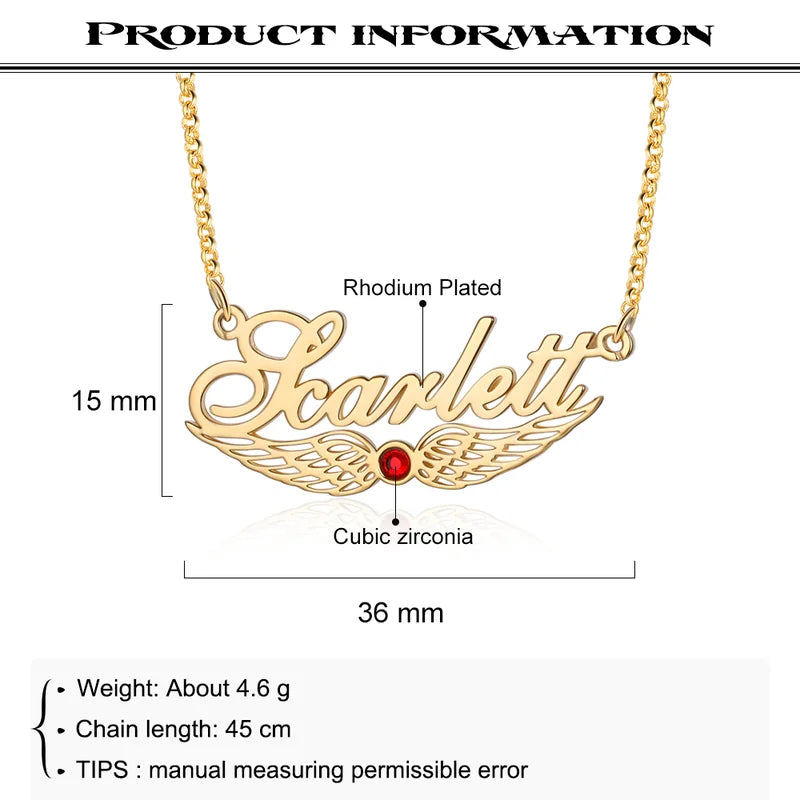 Angel Wings Custom Name Necklace with Birthstone