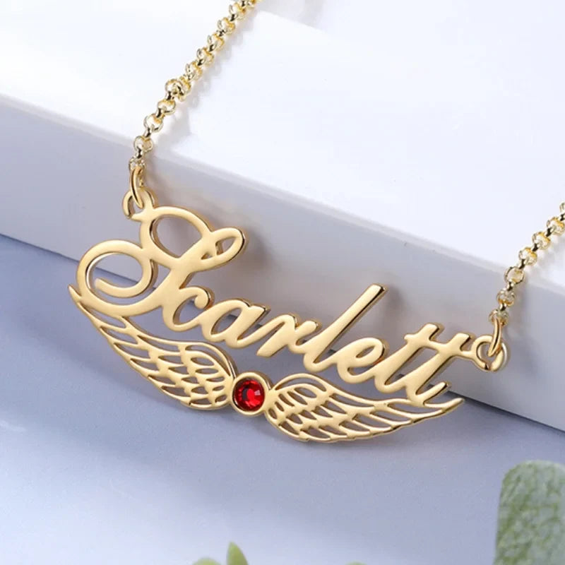 Angel Wings Custom Name Necklace with Birthstone