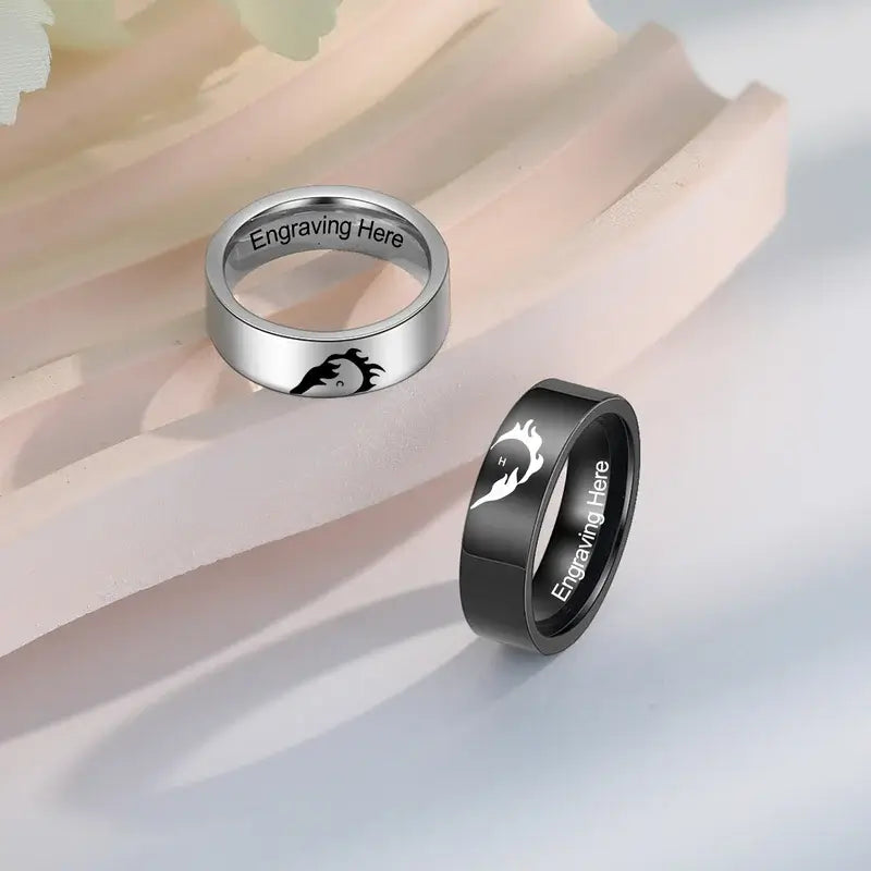 Initial Couple Rings | Heart Matching Rings | His and Hers Ring with Engraving | 2 Pieces