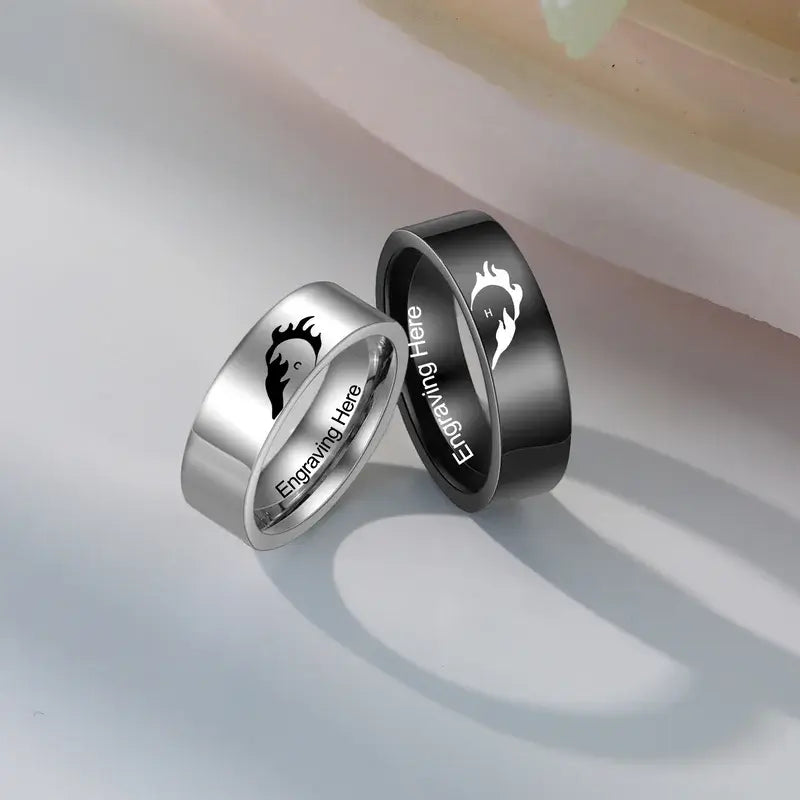 Initial Couple Rings | Heart Matching Rings | His and Hers Ring with Engraving | 2 Pieces