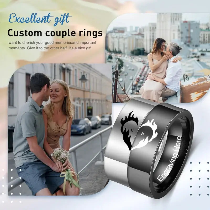 Initial Couple Rings | Heart Matching Rings | His and Hers Ring with Engraving | 2 Pieces