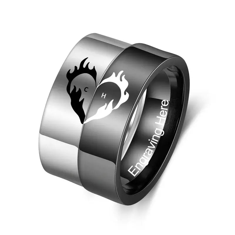 Initial Couple Rings | Heart Matching Rings | His and Hers Ring with Engraving | 2 Pieces