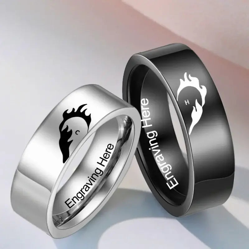 Initial Couple Rings | Heart Matching Rings | His and Hers Ring with Engraving | 2 Pieces