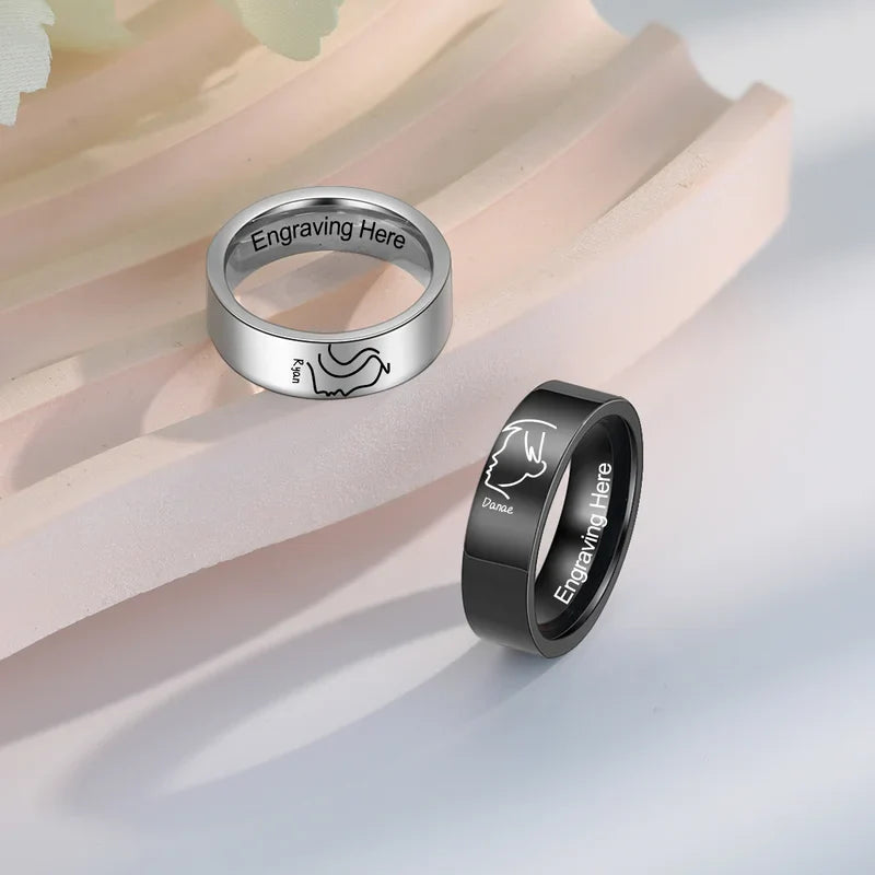 Couple Rings with Name | Kiss Matching Rings | His and Hers Ring with Engraving | 2 Pieces