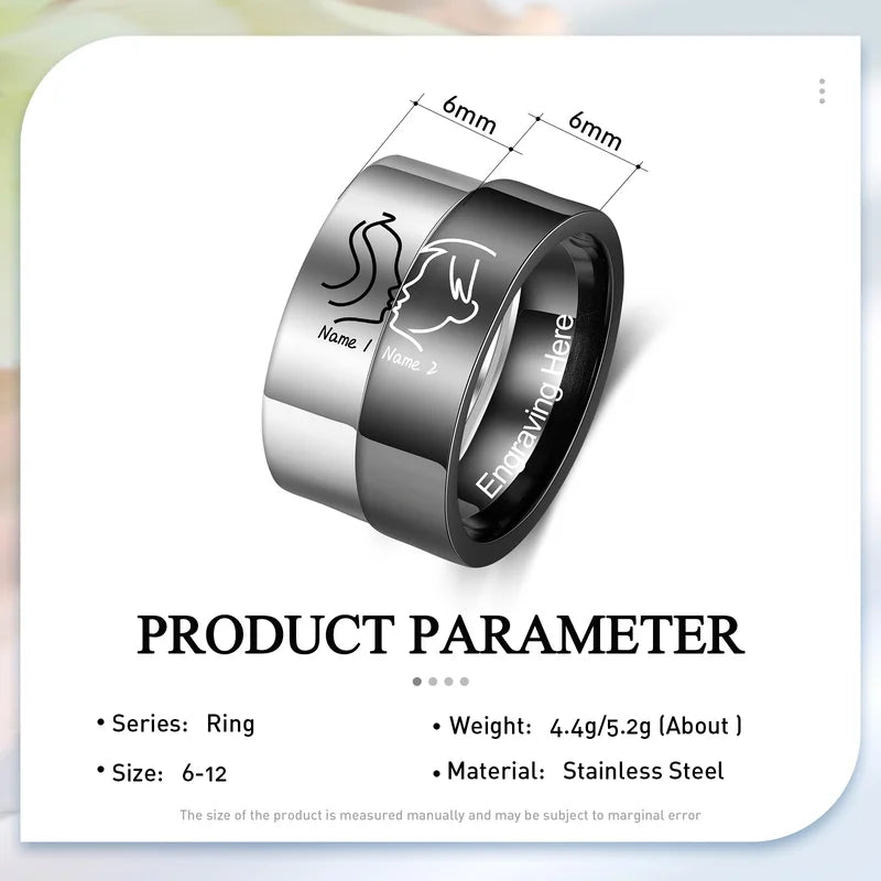 Couple Rings with Name | Kiss Matching Rings | His and Hers Ring with Engraving | 2 Pieces