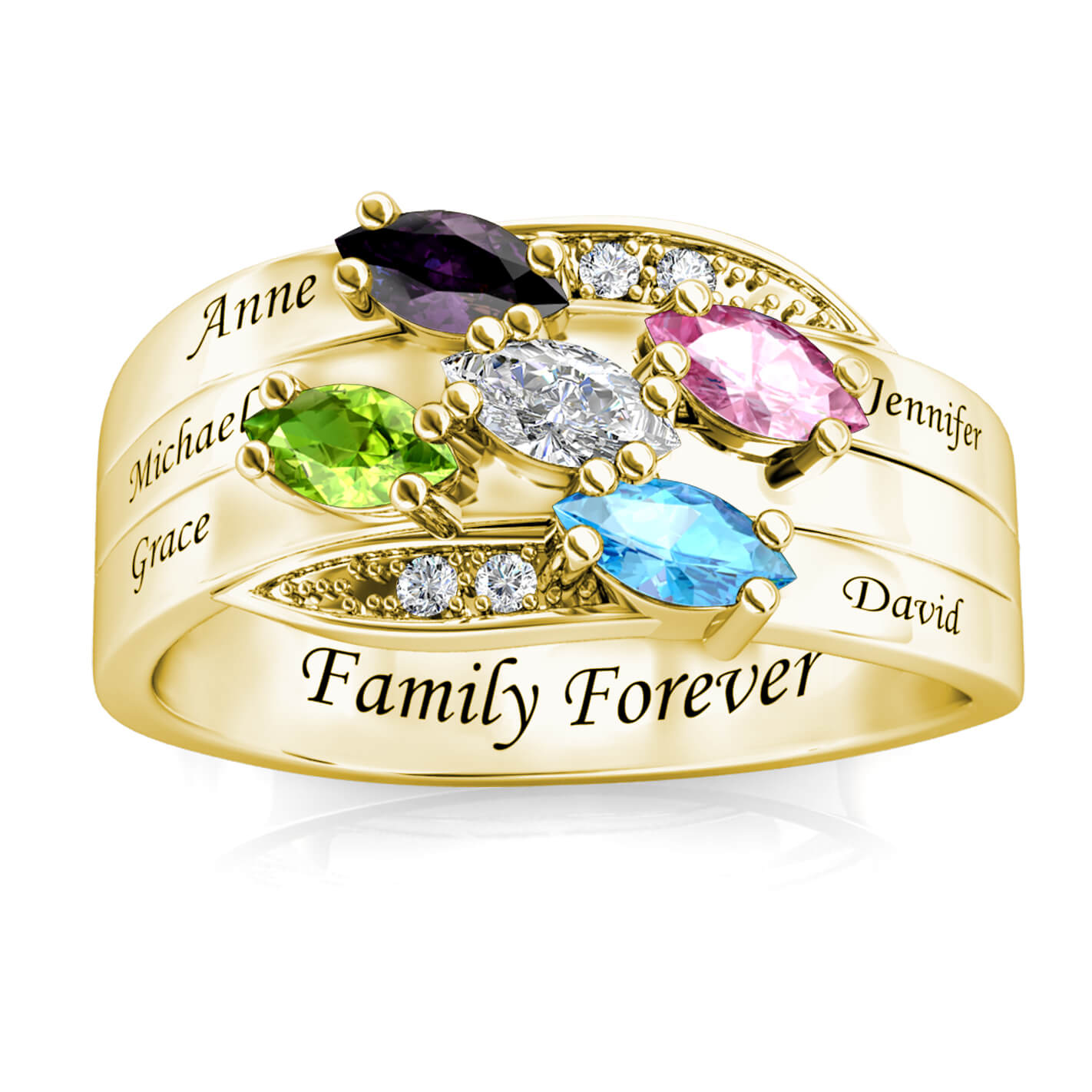 Personalised Ring for Mum, Engraved Name Ring for Her, 5 Birthstones Ring