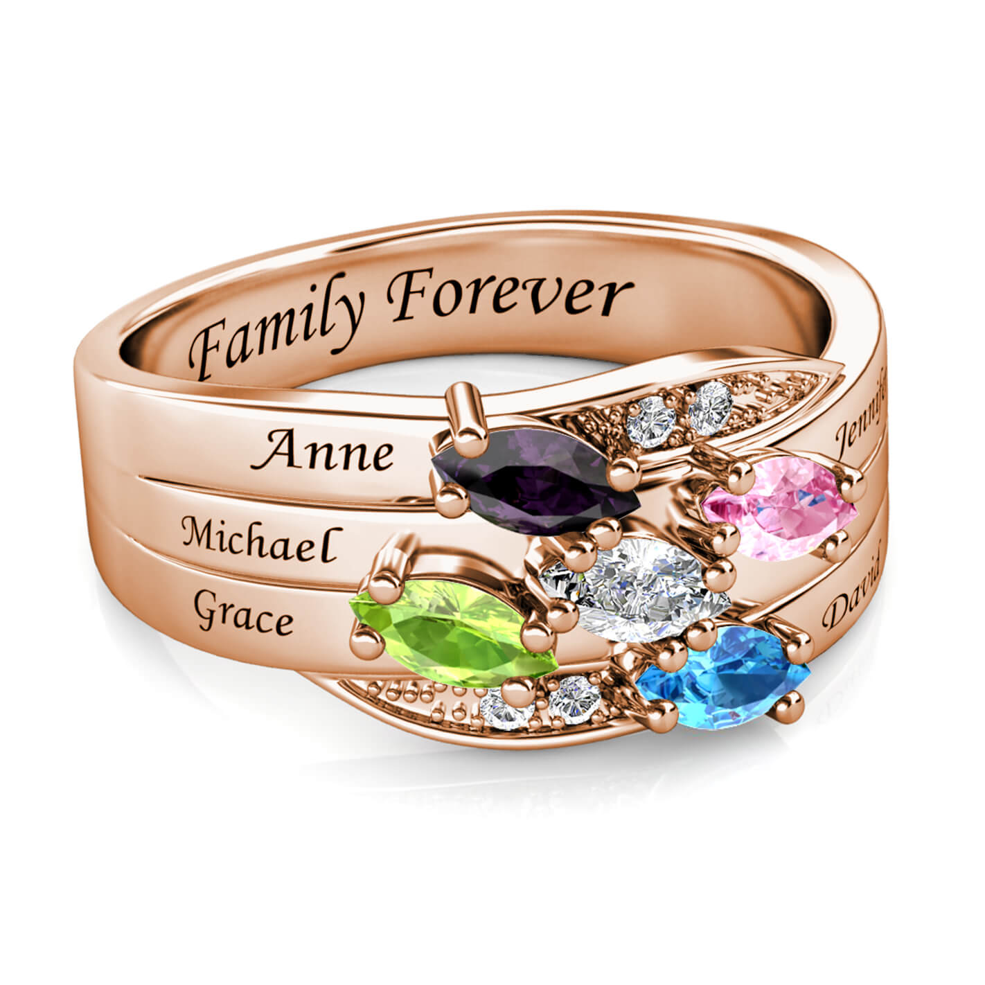 Personalised Ring for Mum, Engraved Name Ring for Her, 5 Birthstones Ring