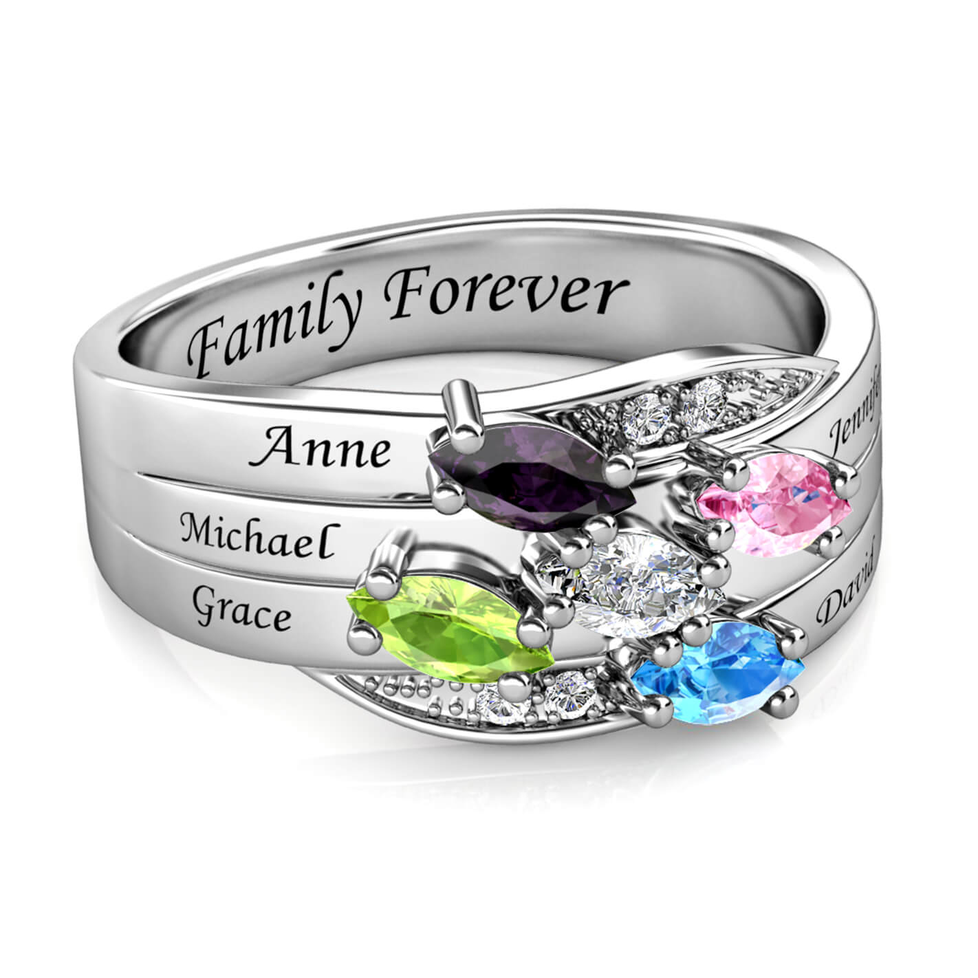 Personalised Ring for Mum, Engraved Name Ring for Her, 5 Birthstones Ring