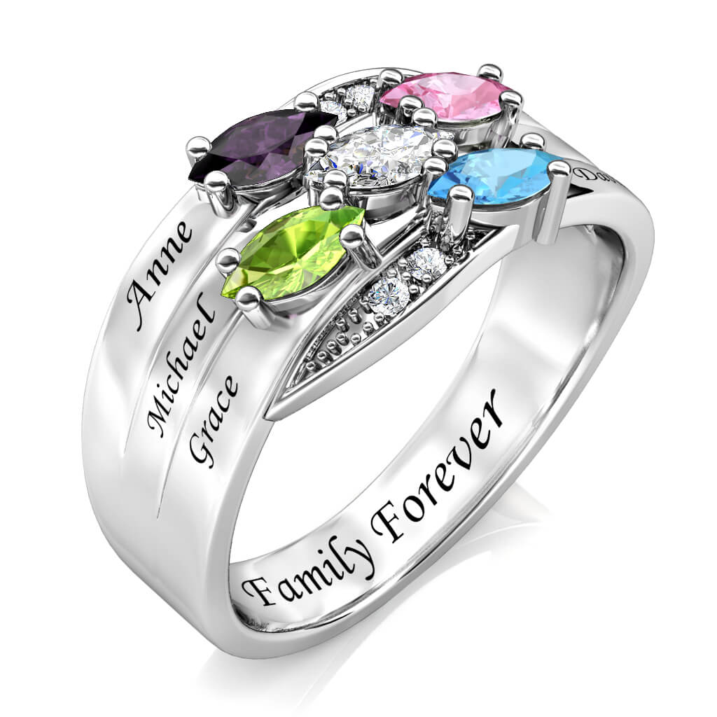 Personalised Ring for Mum, Engraved Name Ring for Her, 5 Birthstones Ring