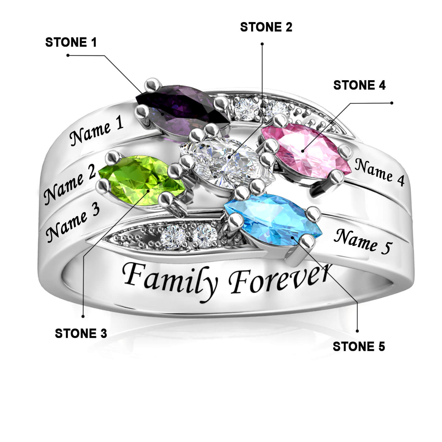 Personalised Ring for Mum, Engraved Name Ring for Her, 5 Birthstones Ring