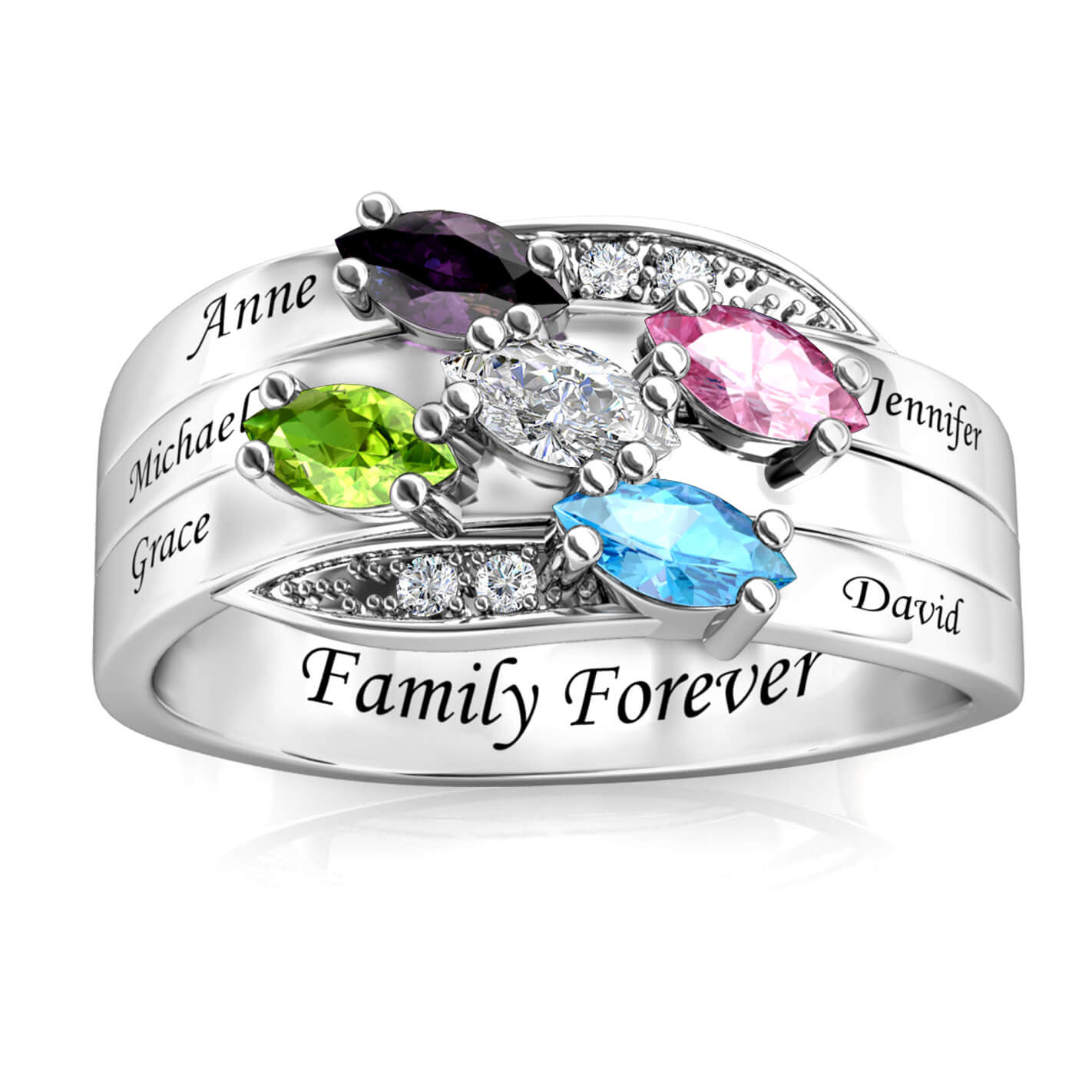 Personalised Ring for Mum, Engraved Name Ring for Her, 5 Birthstones Ring