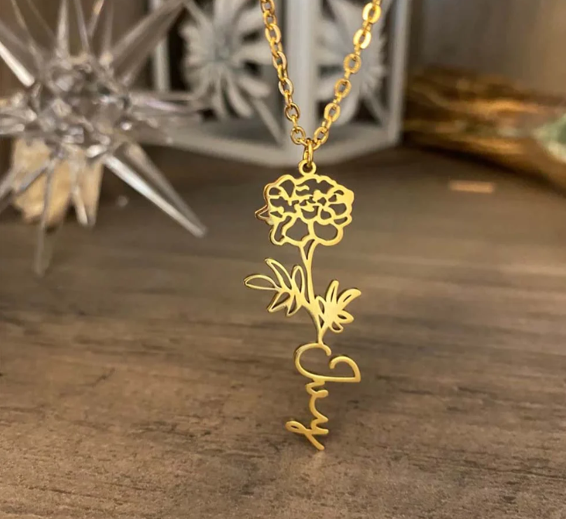 Personalized Birth Flower Name Necklace