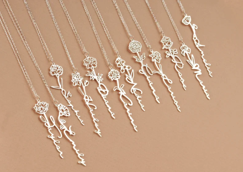 Personalized Birth Flower Name Necklace